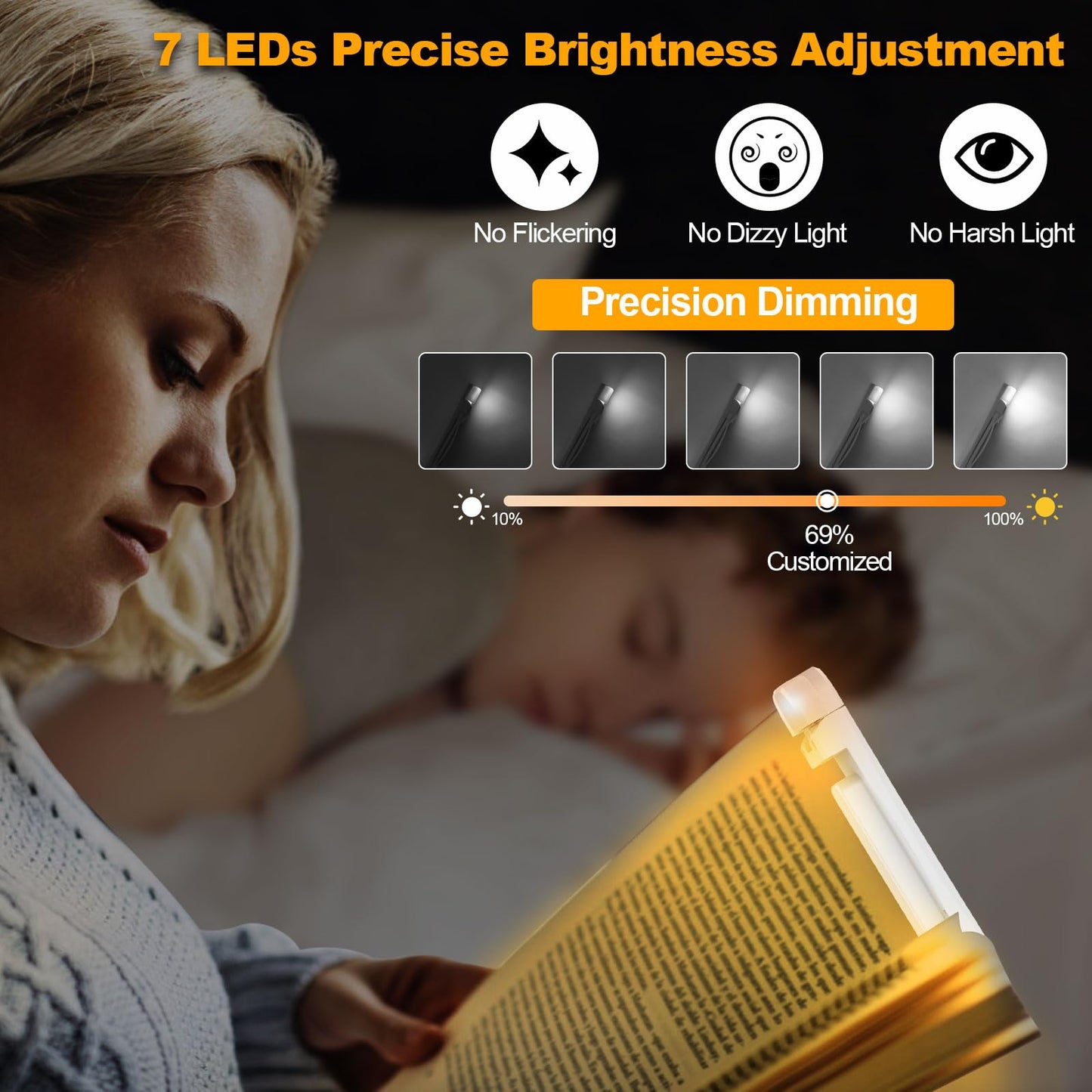 HIONXMGA Book Reading Light,Silent Touch Book Lamp for Reading in Bed,Rechargeable Clip on Booklight with 3 Amber Colors & 7 LEDs Precise Dimming for Eye Caring Night Reading,Book Lovers,Kids,White