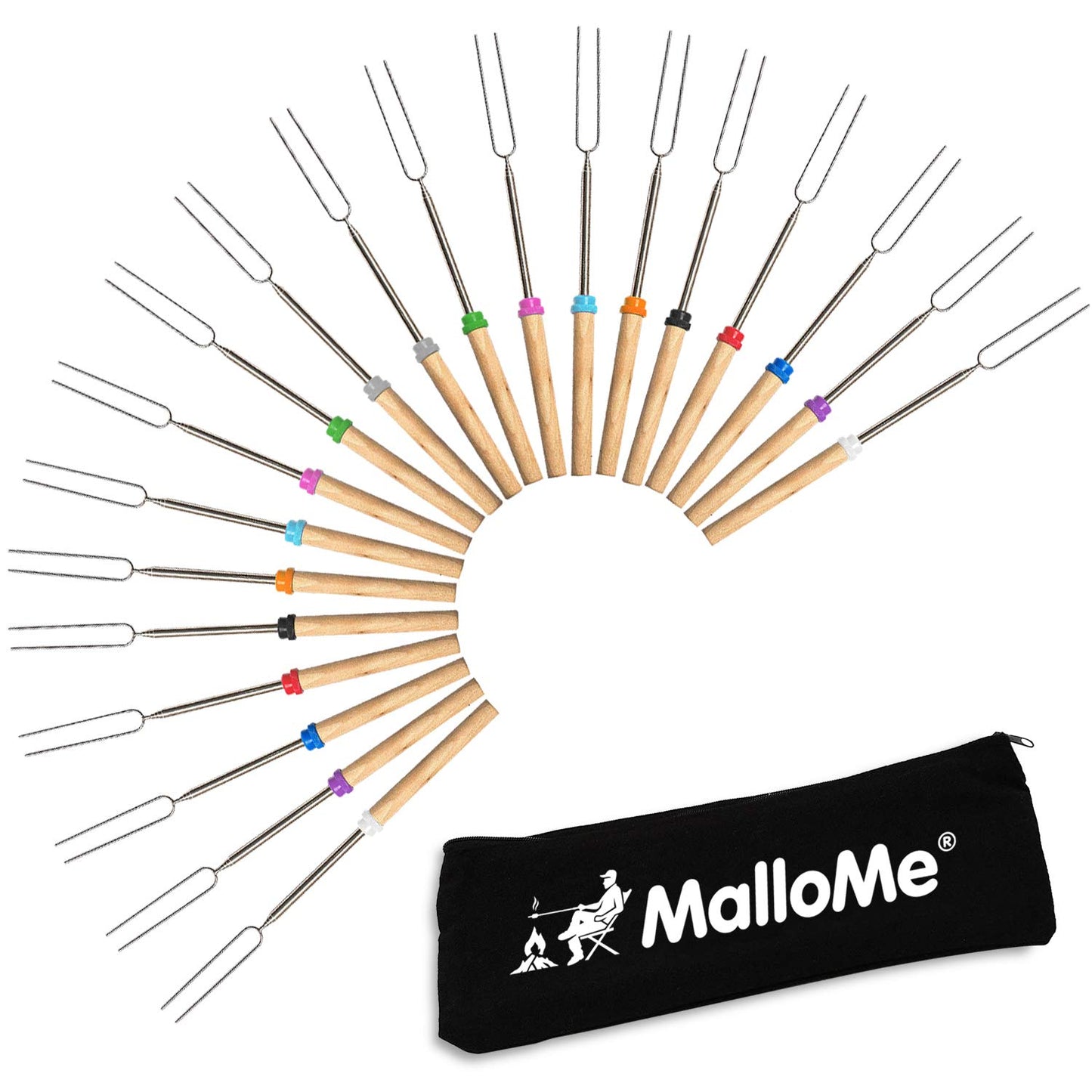 MalloMe Marshmallow Roasting Sticks - Smores Skewers for Fire Pit Kit - Hot Dog Camping Accessories Campfire Marshmellow 32 Inch Long Fork - 20 Pack