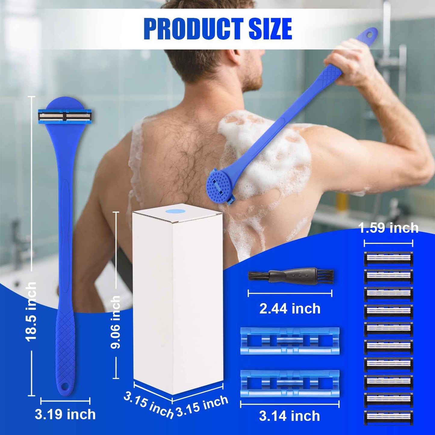 Back& Body Shaver for Men,Back Hair Trimmer for Men with Long Bendable Ergonomic Silicone Handle,10 of The Wet or Dry Disposable Razor Blades,Bath Brush Included(Blue)