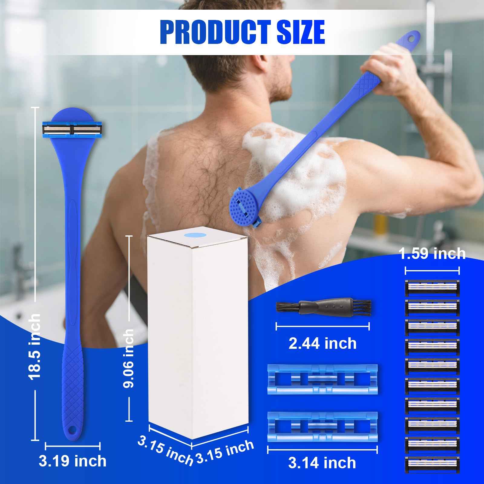 Back& Body Shaver for Men,Back Hair Trimmer for Men with Long Bendable Ergonomic Silicone Handle,10 of The Wet or Dry Disposable Razor Blades,Bath Brush Included(Blue)