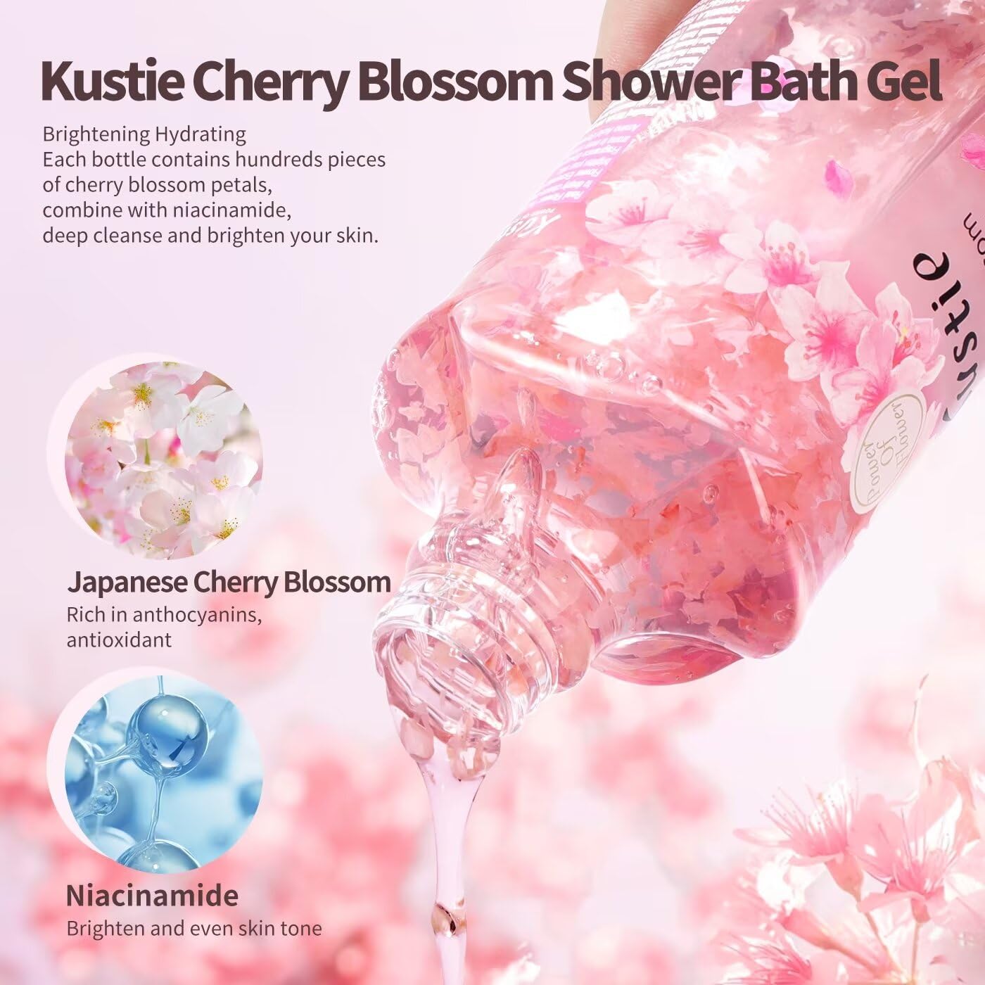 KUSTIE Travel Size Body Wash, Shower Gel, Body Wash Women With Real Cherry Blossom Petals, Deep Moisture For Dry Skin, 24hr Renewingr Mild And Lasting Fragrance (3.38oz)