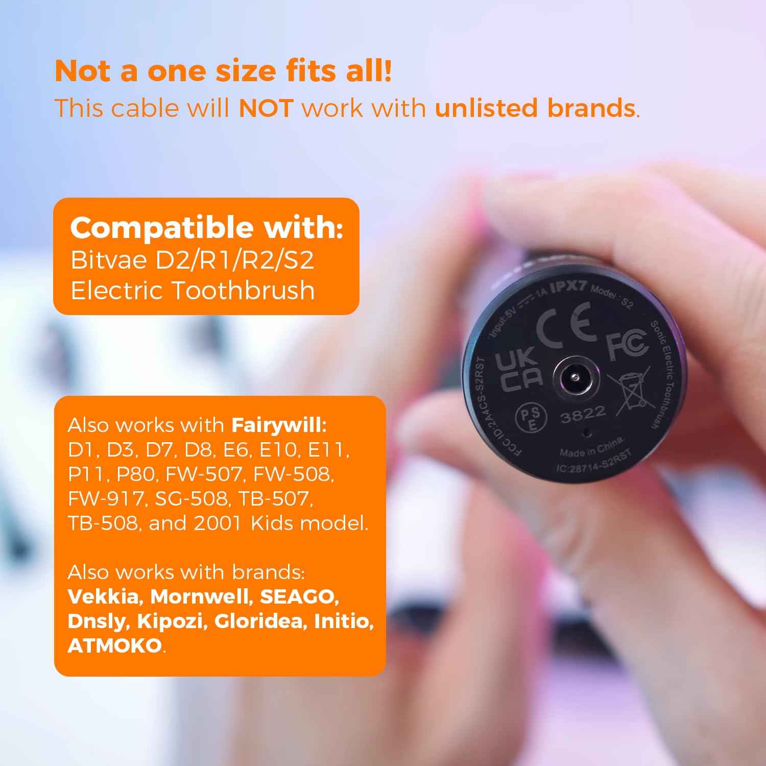 Kisumi Charger Cord Replacement for Bitvae D2/R1/R2/S2 Electric Toothbrush, C2/C5/C6 Water Flosser, Compatible with Fairywill, Vekkia, Mornwell, SEAGO & More, Black, 1 Pack