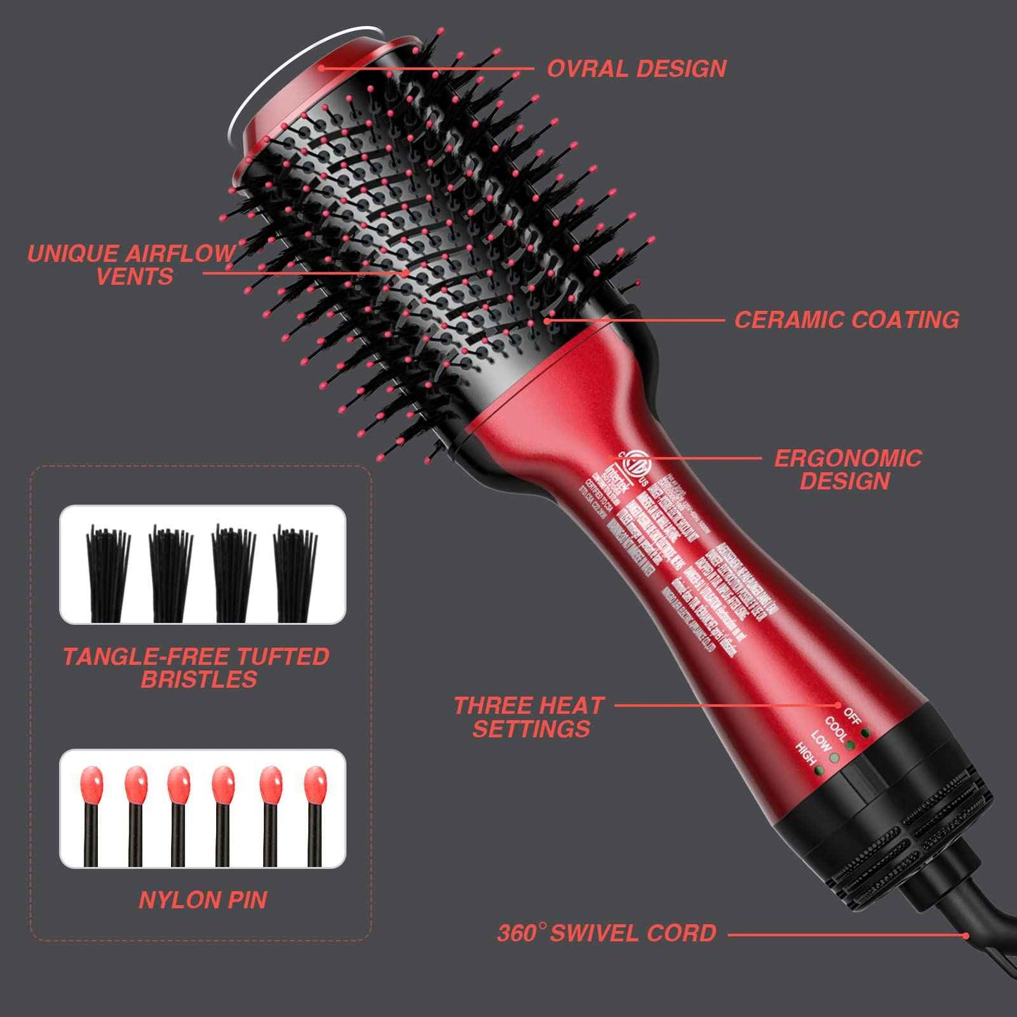 Beautimeter Blow Dryer Brush, Hot Air Brush One Step Hair Dryer and Styler Volumizer, 4 in 1 Negative Ionic Hair Styler with Oval Barrel for Smooth, Frizz-Free Hair Types, Red & Black