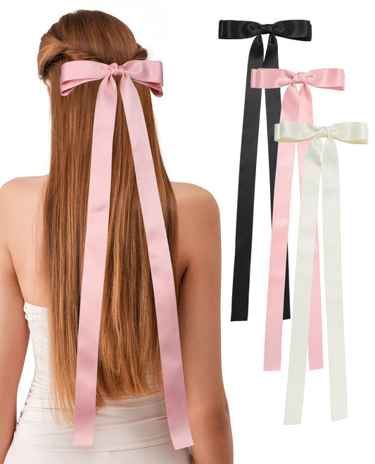 Silky Satin Ribbon Bowknot Hair Clips with Long Tails for Women and Girls (3 Pack in Pink, Beige, Black)