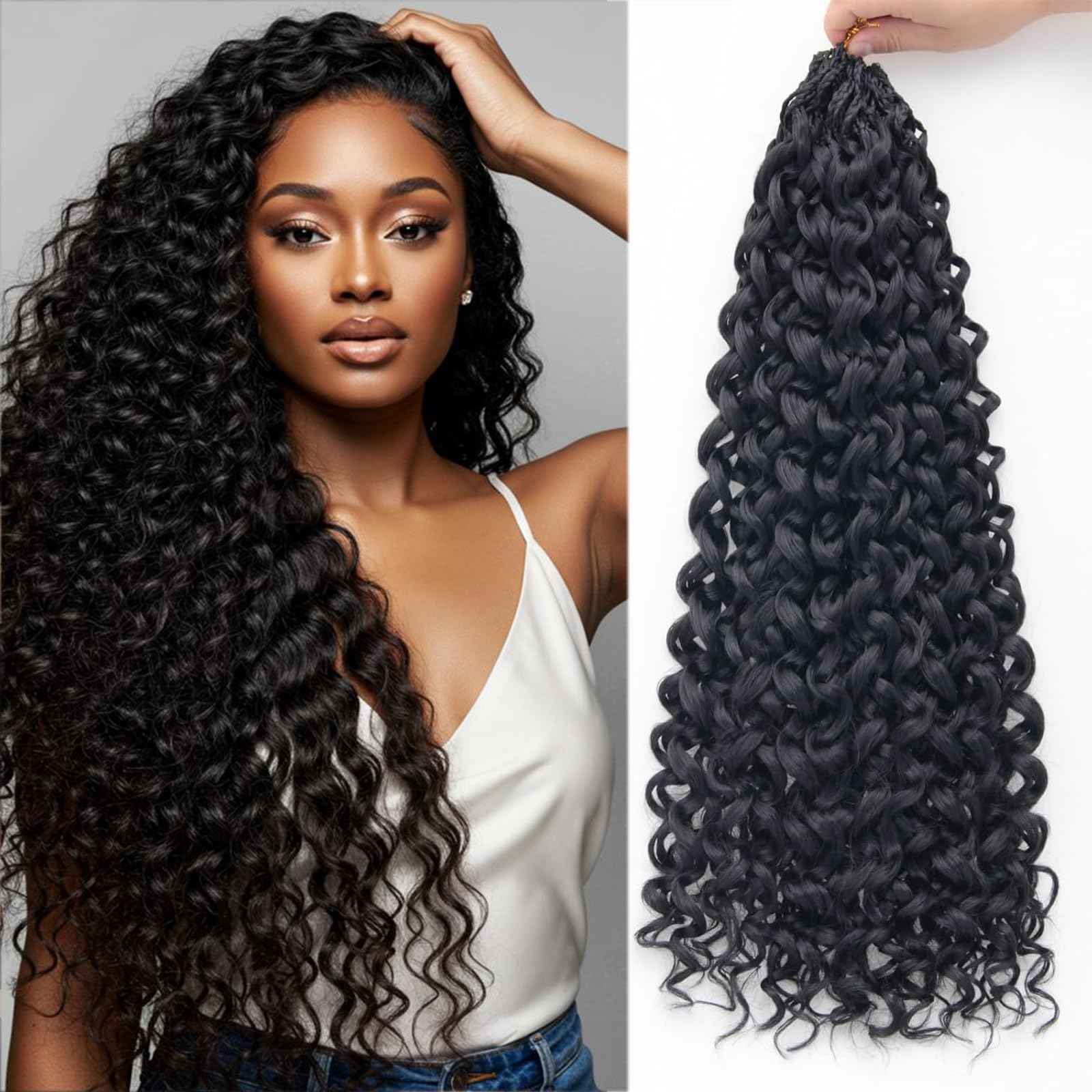 Gogo Curl Crochet Hair 8 Packs Ocean Wave Crochet Hair Pre Looped Long Deep Wave Hair Extension Synthetic Braiding Hair for Women Natural Black 24 Inch Color 1B