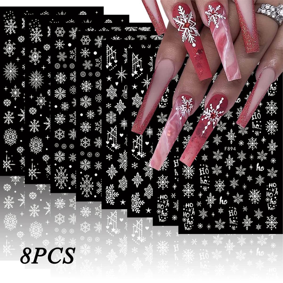 8 Sheets 3D Snowflake Nail Art Stickers Winter Nail Decals Self-Adhesive Glitter Designs Nail Charms Christmas Nail Stickers Winter Holiday Nail Decoration for Women Girls DIY Xmas Nail Art Supplies