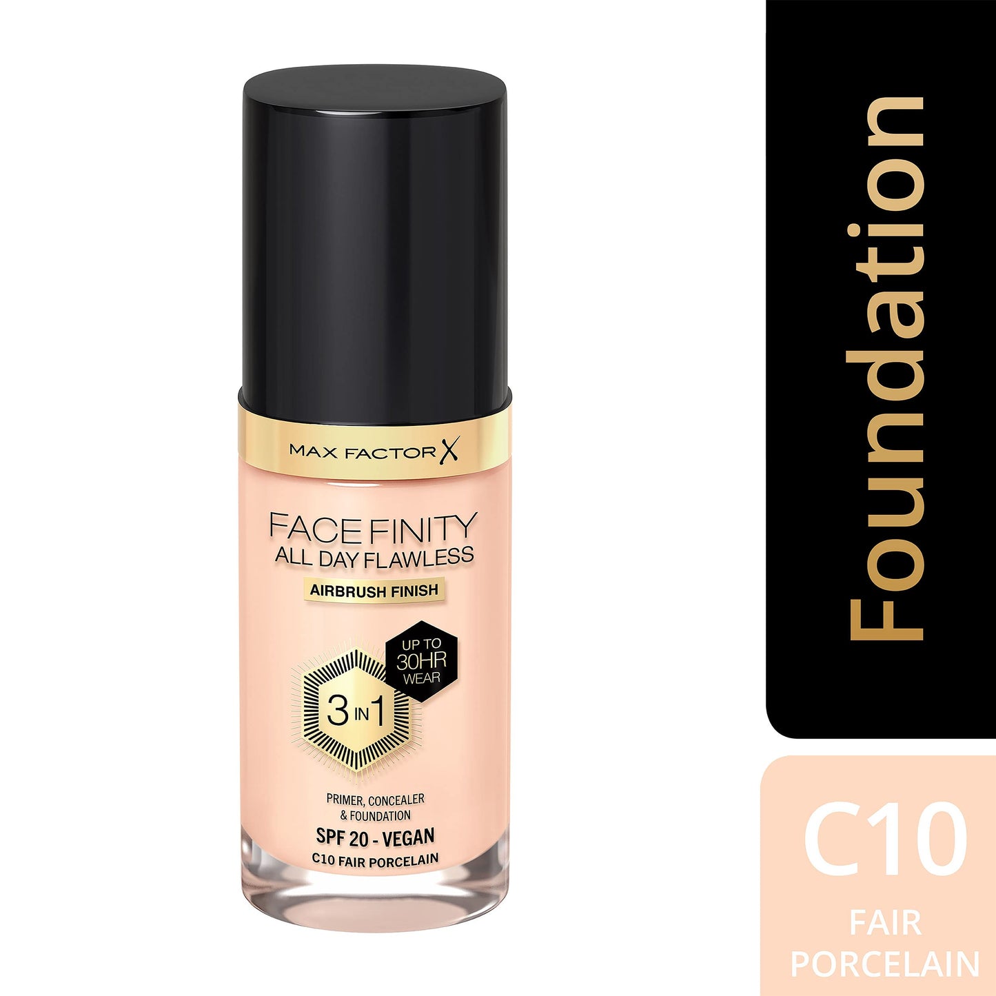 Max Factor Facefinity 3-in-1 All Day Flawless Liquid Foundation, SPF 20-10 Fair Porcelain, 30 ml