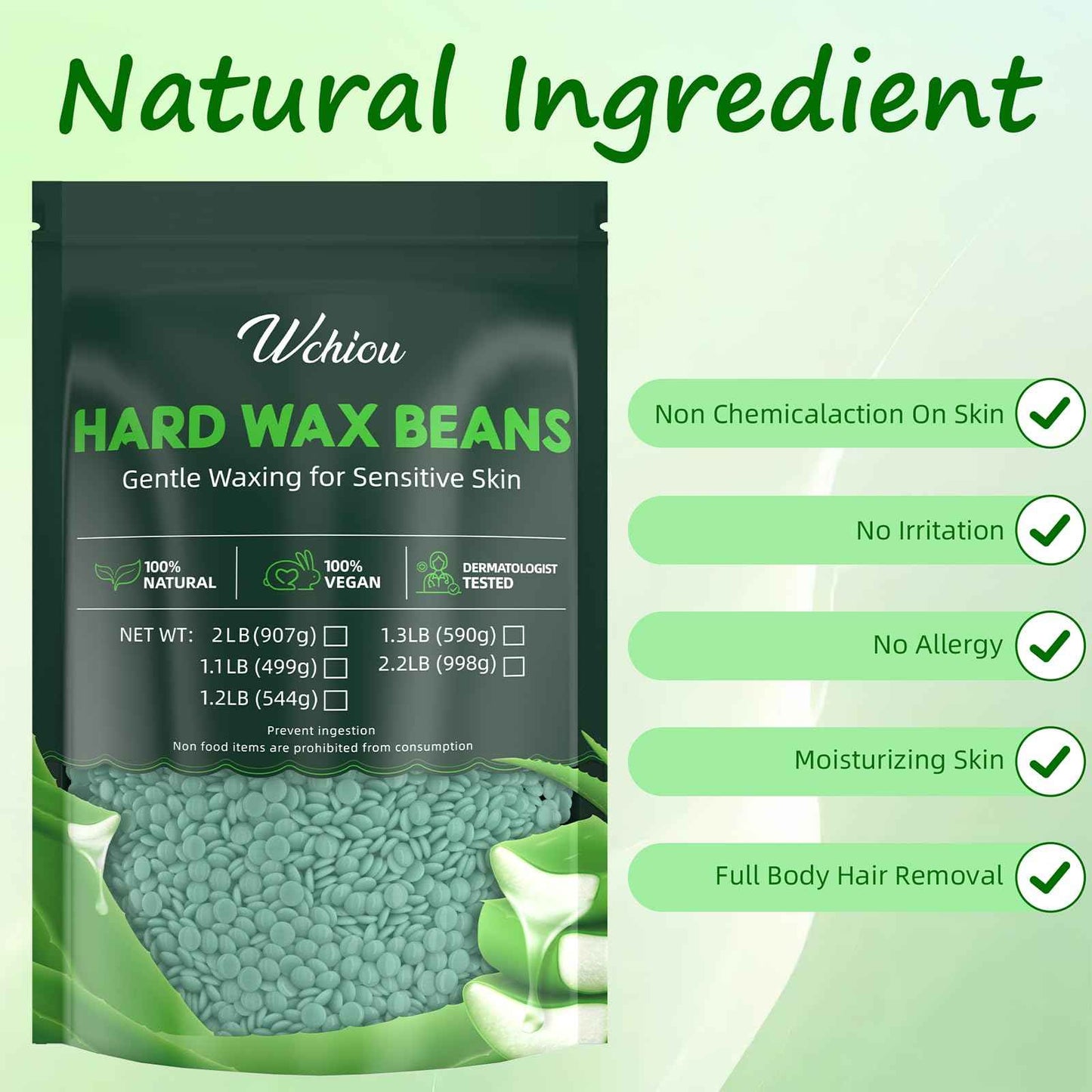 Wax Beads, Hard Wax Beads for Hair Removal, 2lb Waxing Kit for Women, With Pure Aloe Vera for Sensitive Skin, For Face, Eyebrow, Leg, Bikini, Brazilian Waxing, Coarse Body Hair Specific