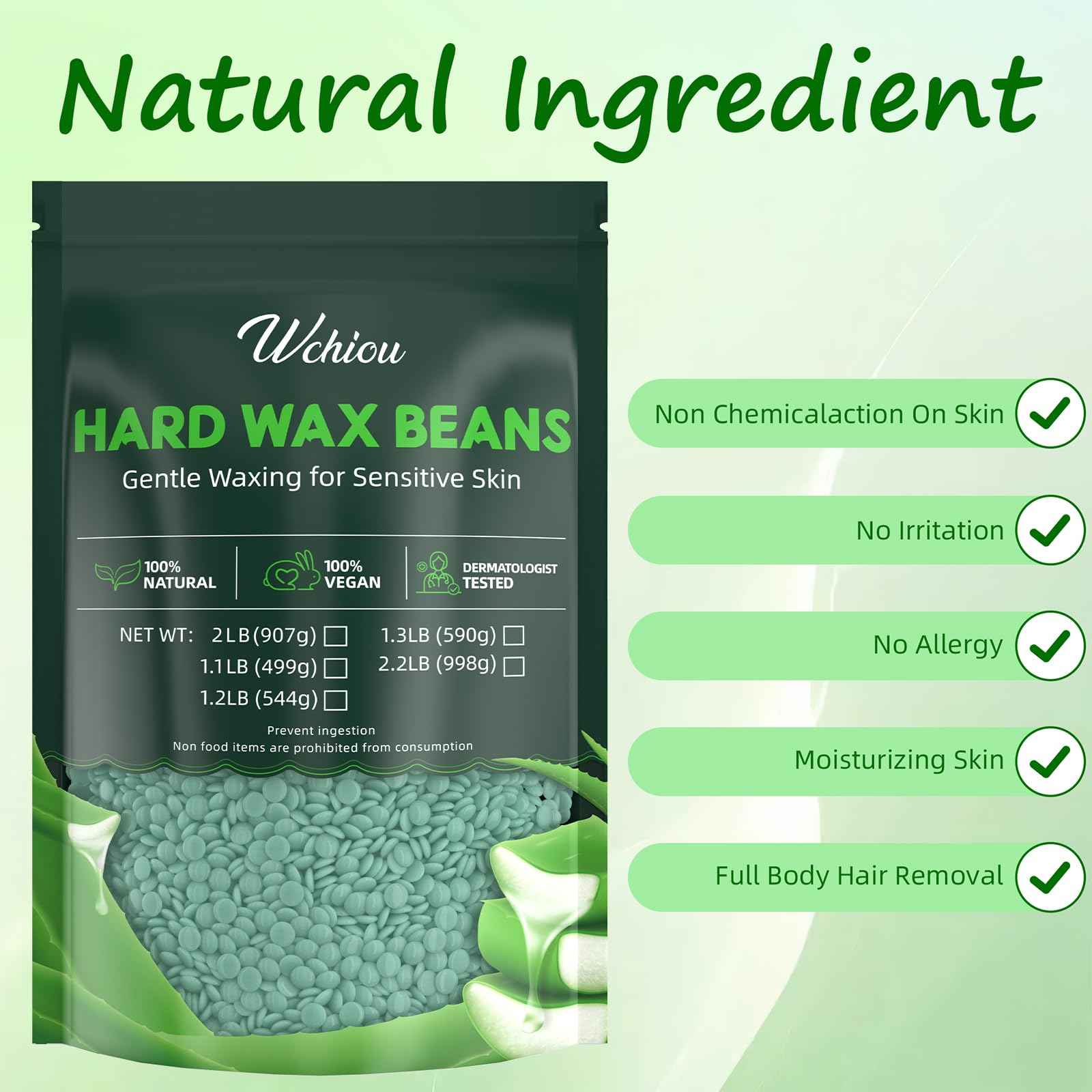 Wax Beads, Hard Wax Beads for Hair Removal, 2lb Waxing Kit for Women, With Pure Aloe Vera for Sensitive Skin, For Face, Eyebrow, Leg, Bikini, Brazilian Waxing, Coarse Body Hair Specific