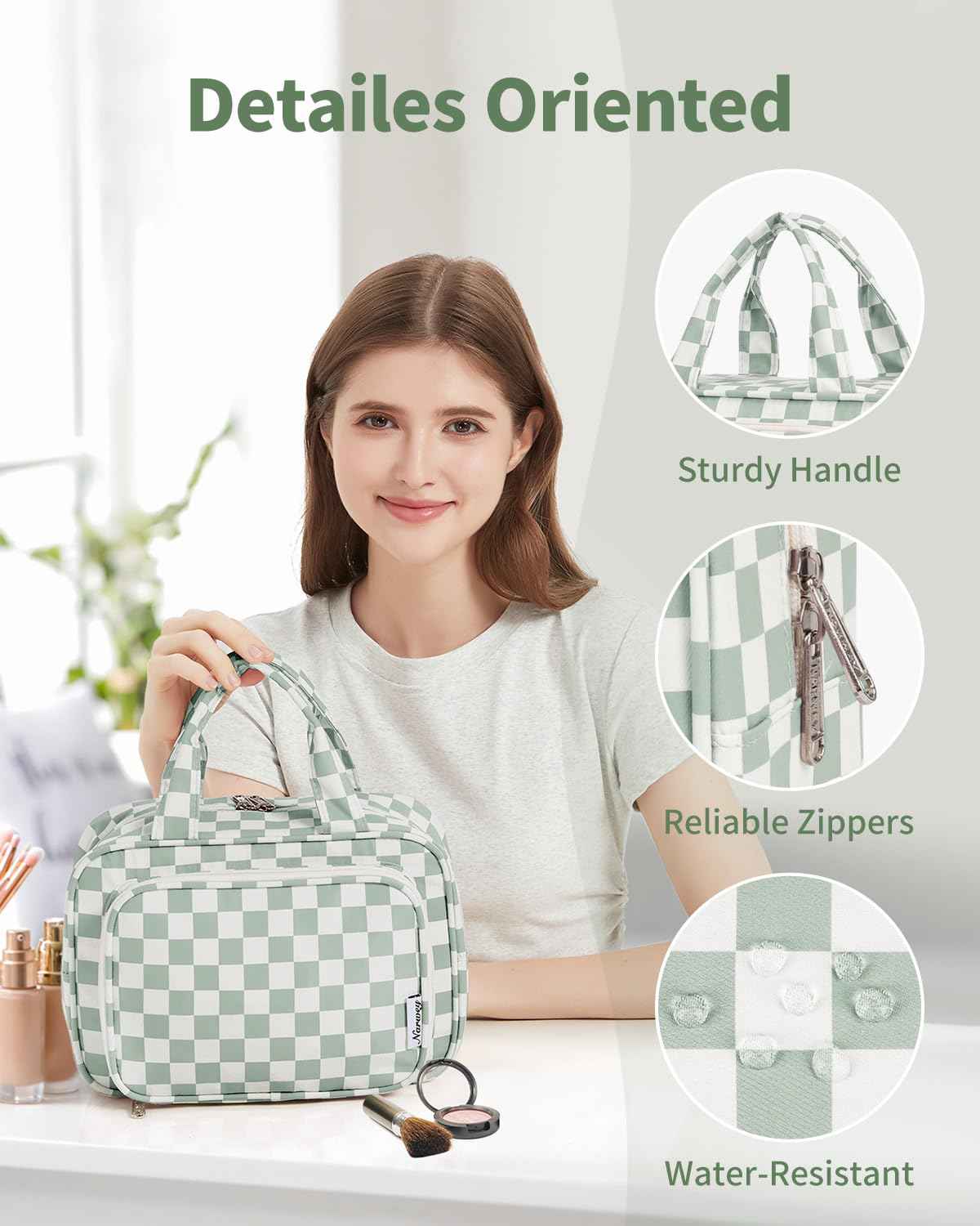 Narwey Large Travel Toiletry Bag for Traveling Women, Cosmetic Makeup Bag Make Up Organizer, Checkered Travel Bag for Toiletries with Handle (Mint Green Checkerboard)