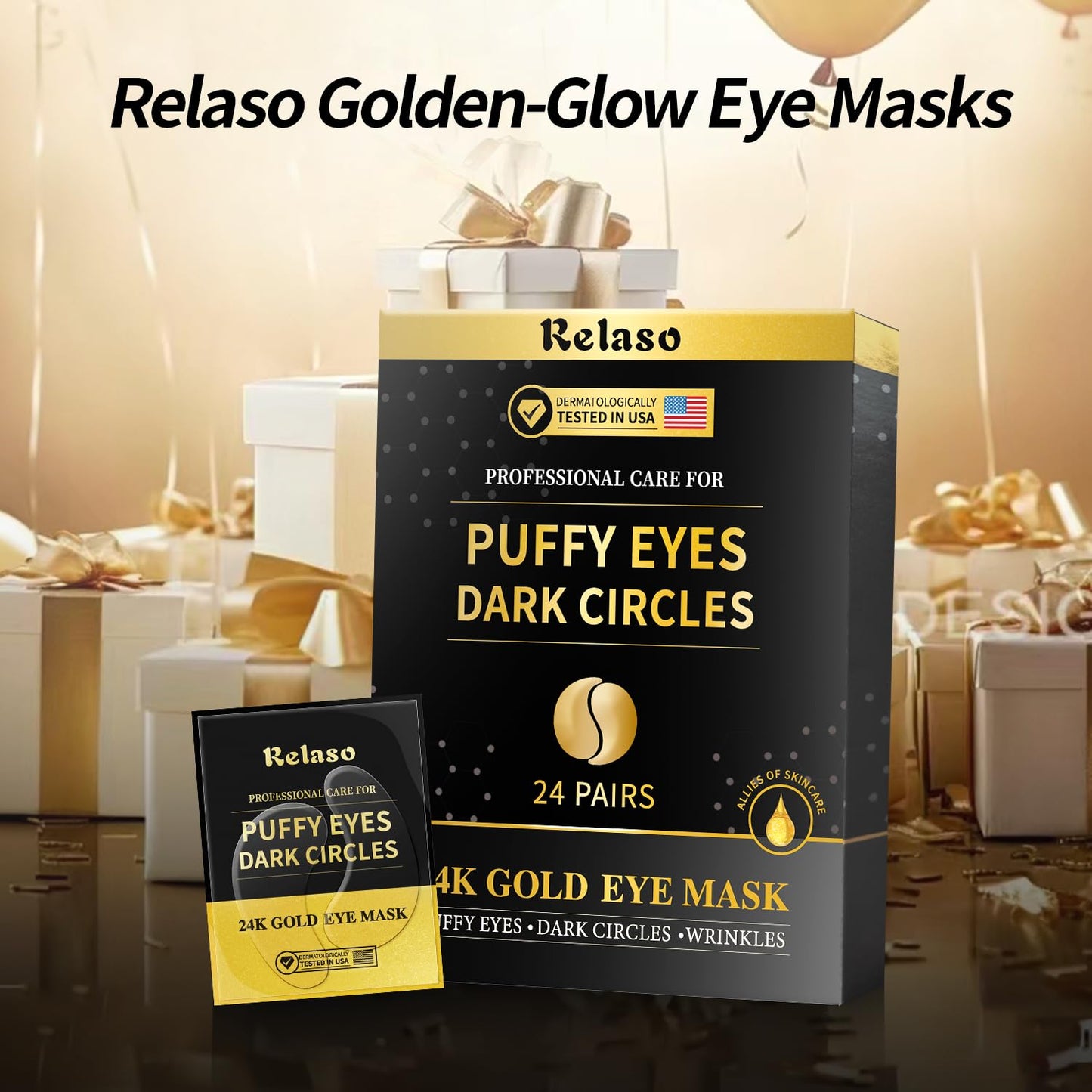 Relaso Under Eye Patches - 24K Gold Dermatology Eye Masks for Wrinkles & Puffiness, Enriched with Collagen, Diminish Dark Circles - Anti-Aging, Smooth Fine Line, Nourish Skin - 12 Pairs