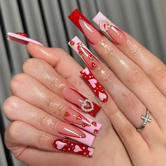 Valentines Nails Press on Nails Long Coffin Fake Nails with Designs French Heart Bow Charms Full Cover Acrylic Red Pink False Nails Square Medium Glue on Nails for Women and Girls Date Night 24Pcs