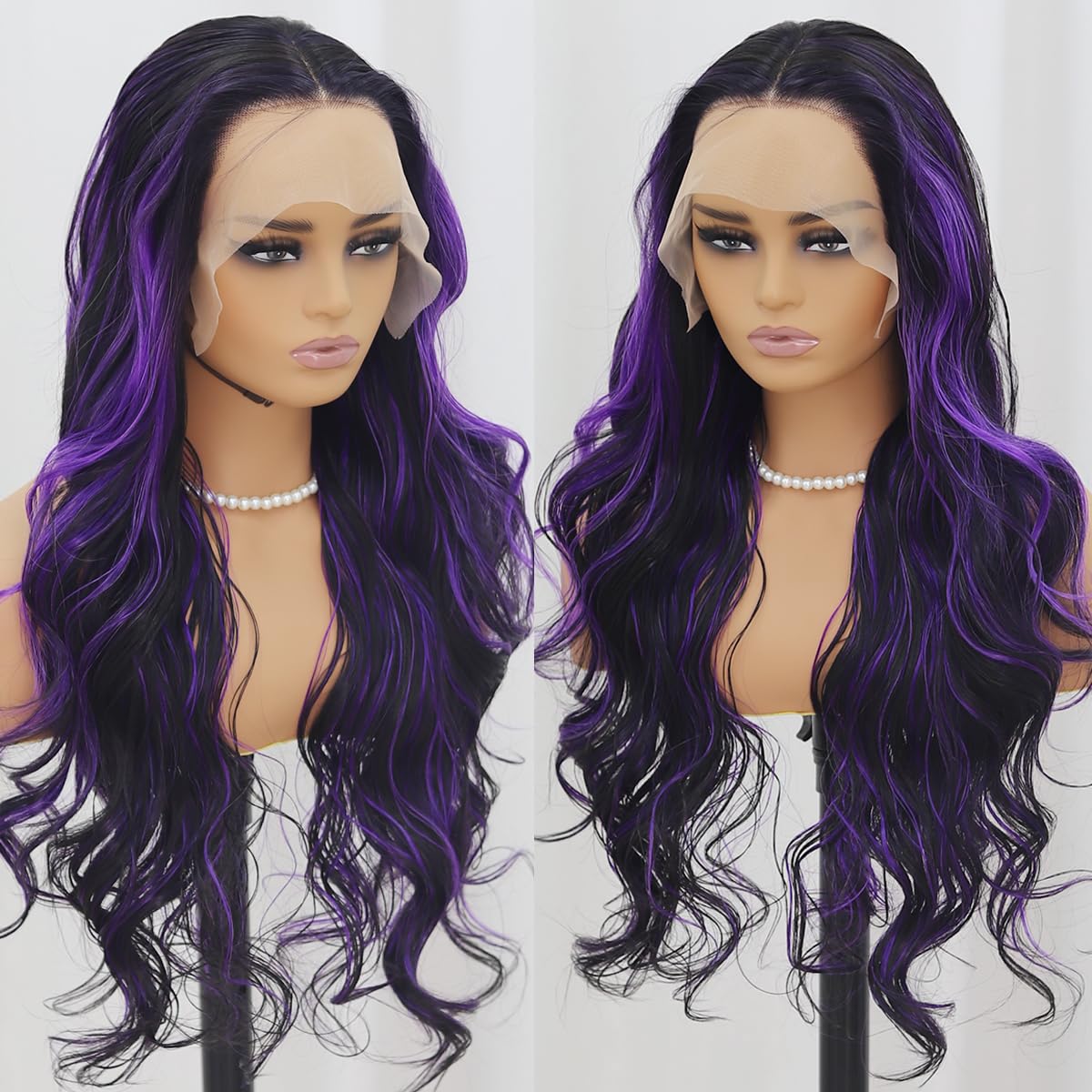 SISIFIRE Purple Highlight Lace Front Wig Pre-plucked Hairline Synthetic Heat Resistant Fiber Lace Front Wigs for Women Glueless 13X4 Inch Long Loose Curly Wavy Wigs