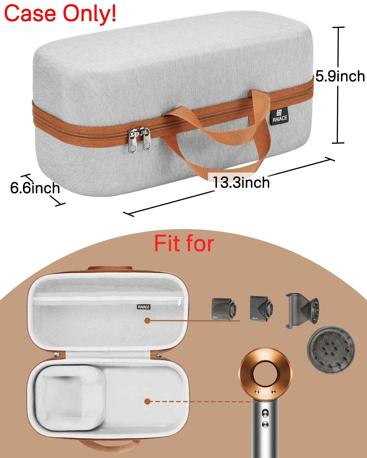 RAIACE Hard Storage Case Compatible with dyson Hair Dryer, Travel Carrying Bag. (for sale is case only). - Gray(Gray Lining)
