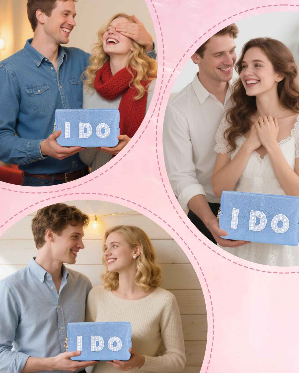 LIWOFLY Personalized Cosmetic Bag Pearl Monogram, Cute custom Makeup Bags for Women Girls Leather Bridesmaid Travel Makeup Bag, Aesthetic Toiletry Bag Organizer Storage Pouch, Blue I DO