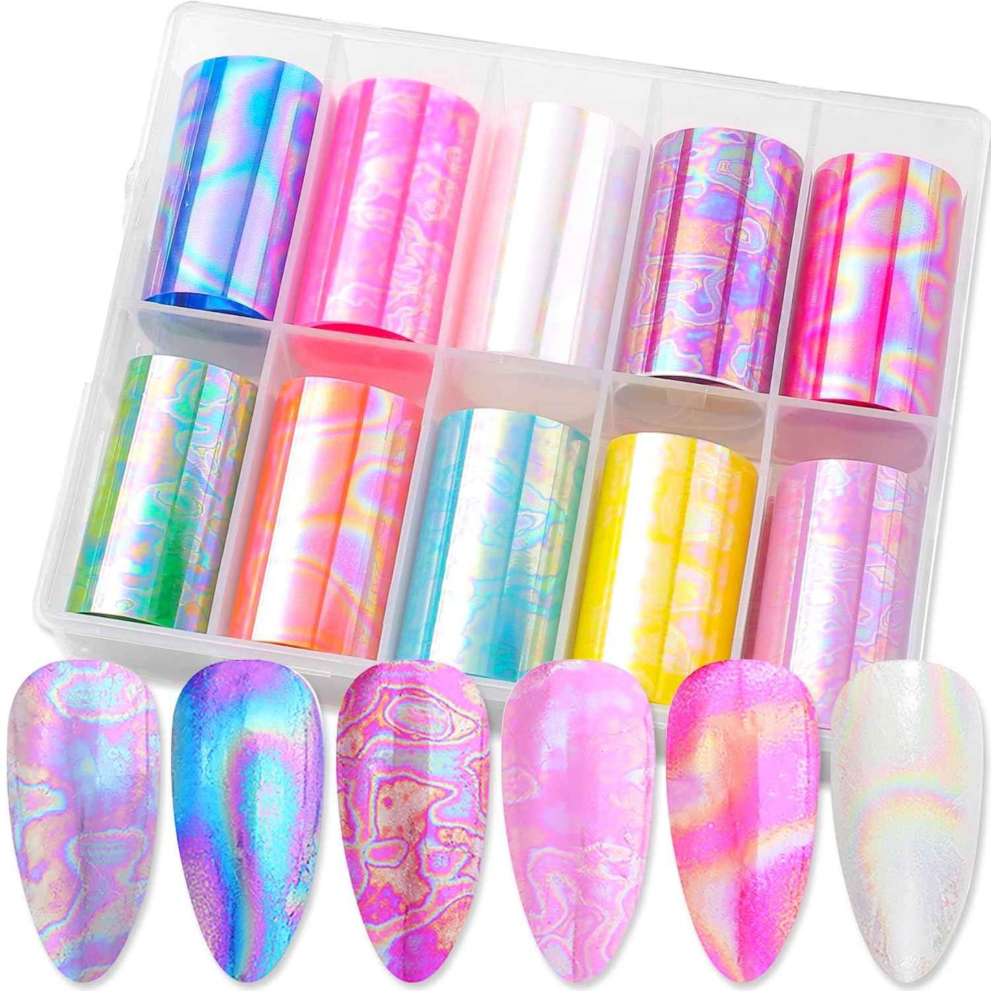 SILPECWEE 10 Rolls Aurora Nail Foil Laser Nail Transfer Foil Holographic Nail Art Foil Decals Iridescent Foil for Nails Fingernail Stickers Manicure Design for Women DIY Decoration