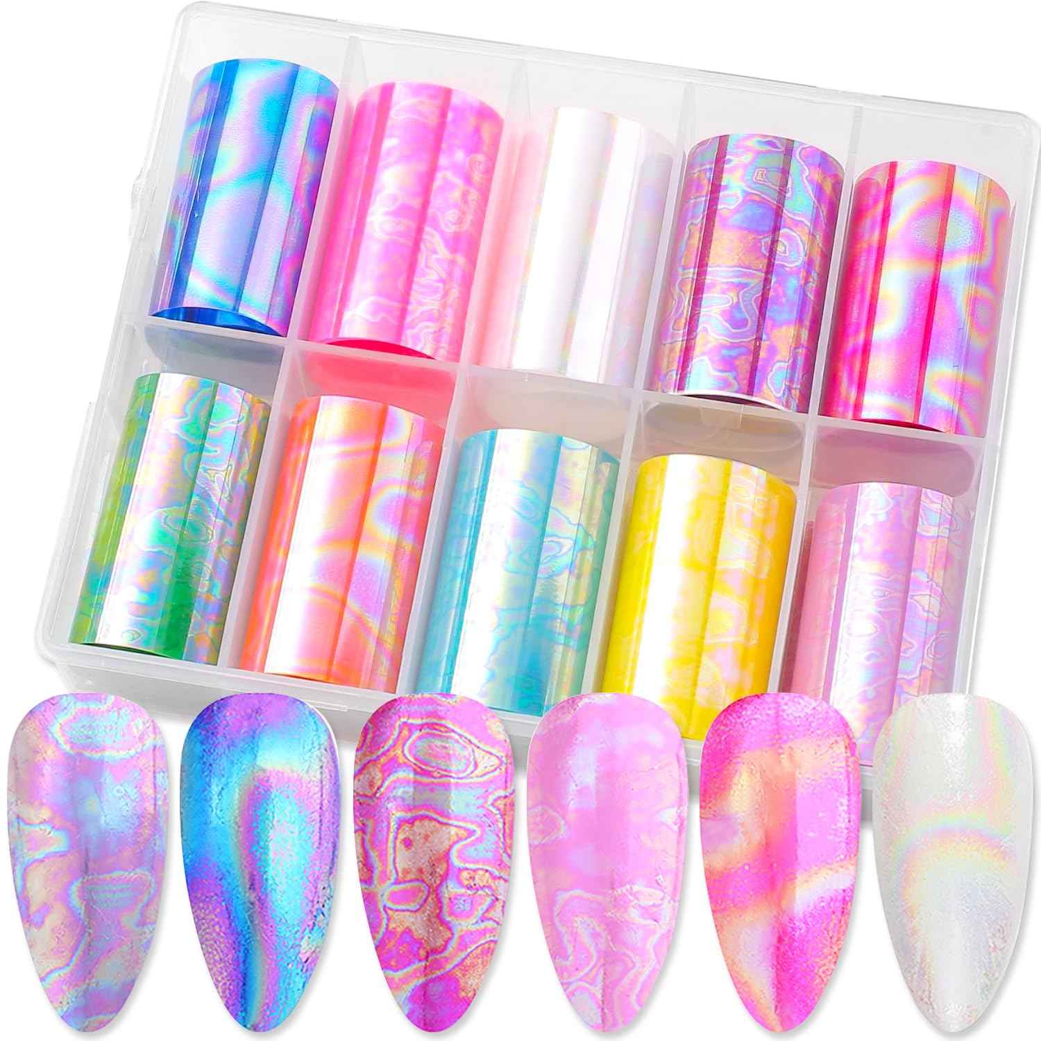 SILPECWEE 10 Rolls Aurora Nail Foil Laser Nail Transfer Foil Holographic Nail Art Foil Decals Iridescent Foil for Nails Fingernail Stickers Manicure Design for Women DIY Decoration