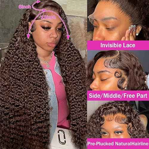 Anderah 30Inch Chocolate Brown Deep Wave Lace Front Wigs Human Hair 200 Density 13x6 HD Lace Frontal Wigs Curly Human Hair Wig For Women Pre Plucked with Natural Hairline 4# Brown Color