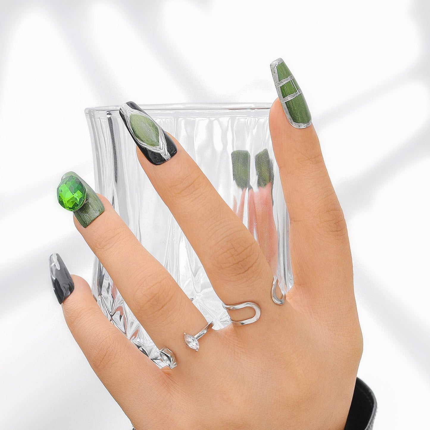 Sethexy Green Long Coffin False Nails Punk Rhinestone Fake Nails with Design Acrylic Salon Glossy Press On Nails for Women and Girls 10PCS (Green2)