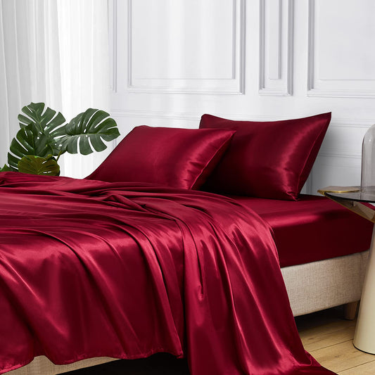 MR&HM Satin Bed Sheets, Twin Size Sheets Set, 3 Pcs Silky Bedding Set with 15 Inches Deep Pocket for Mattress (Twin, Burgundy)