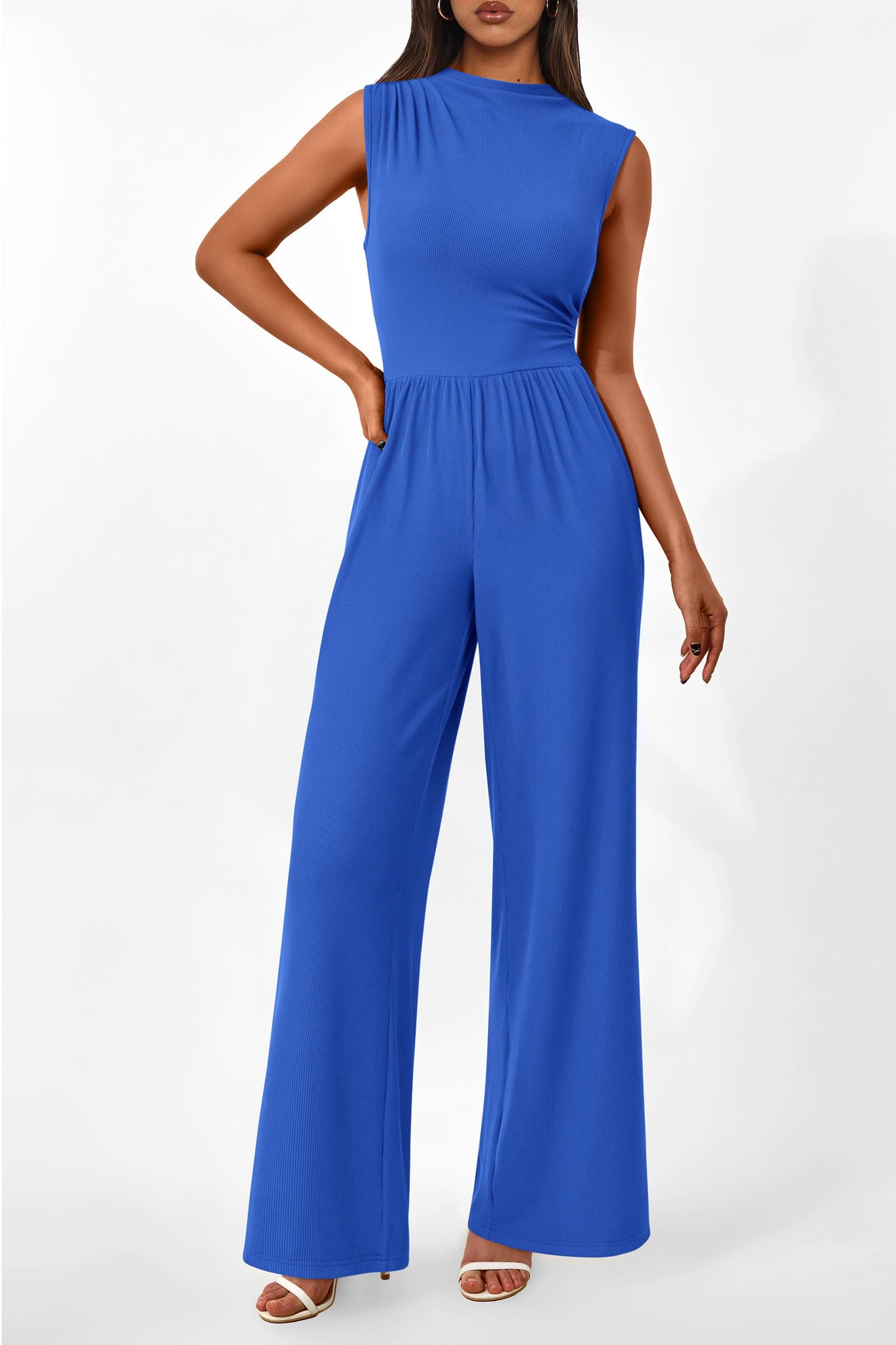 PRETTYGARDEN Womens Summer Jumpsuits Dressy Casual One Piece Outfits Sleeveless Mock Neck Wide Leg Pants Rompers with Pockets (Style2-Blue,Small)