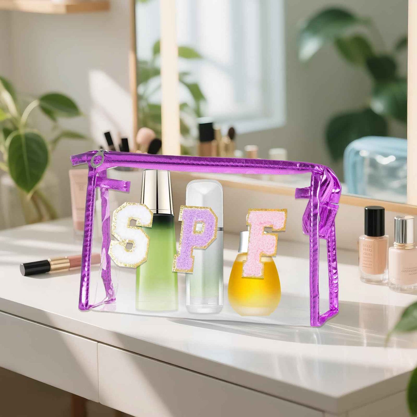 Hmxpls Clear Preppy Patch Makeup Bag, SPF Chenille Letter Bag for Beach, Clear Pouch with Zipper, Preppy Travel Bags Cosmetic Toiletry Bag for Women Girls Teens (Purple)