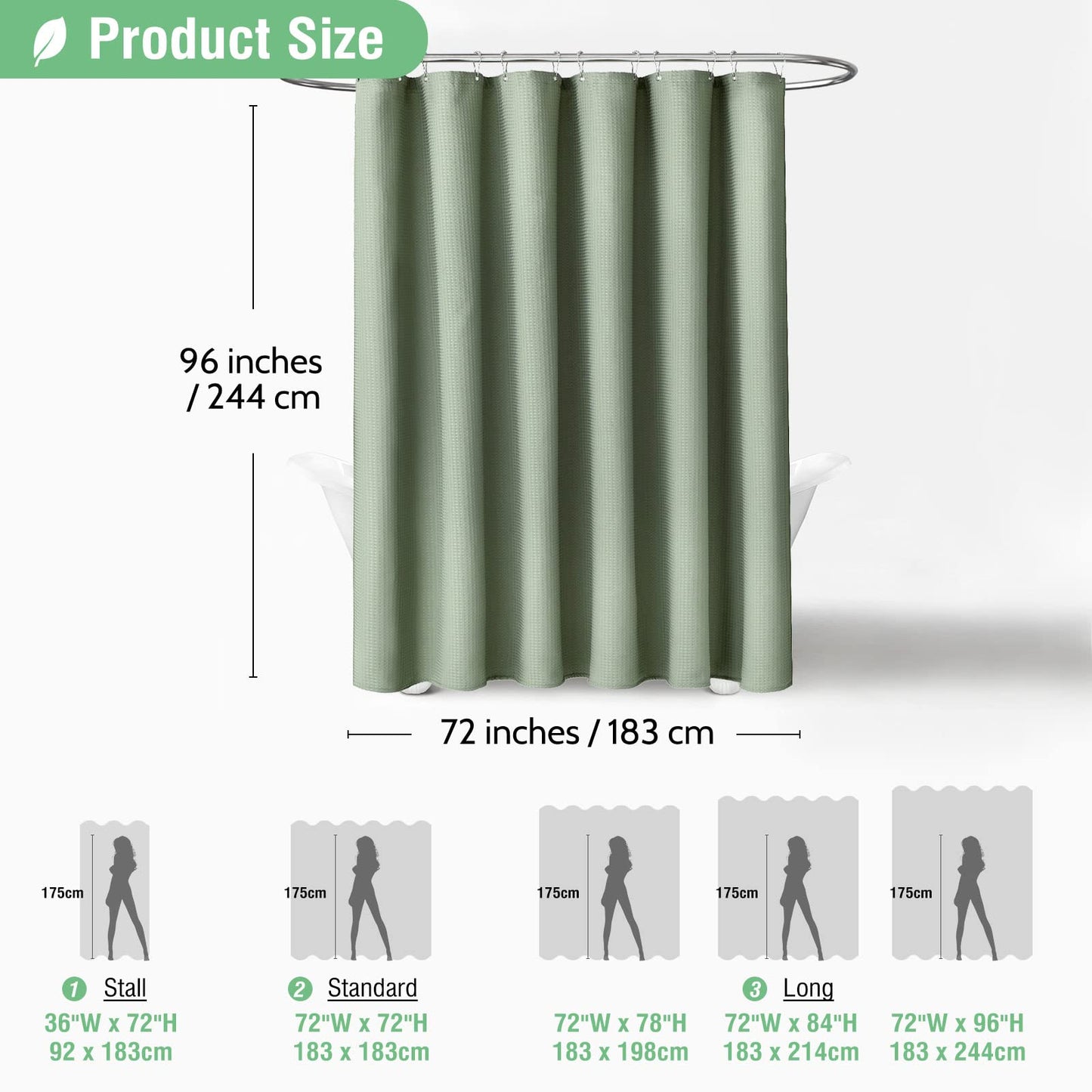 Dynamene Extra Long Shower Curtain,96 Inches Long Waffle Weave Heavy Duty Thick Fabric Bathroom Shower Curtain, Heavy Duty Weighted Hotel Bath Curtain Set with 12 Plastic Hooks,72x96,Sage Green