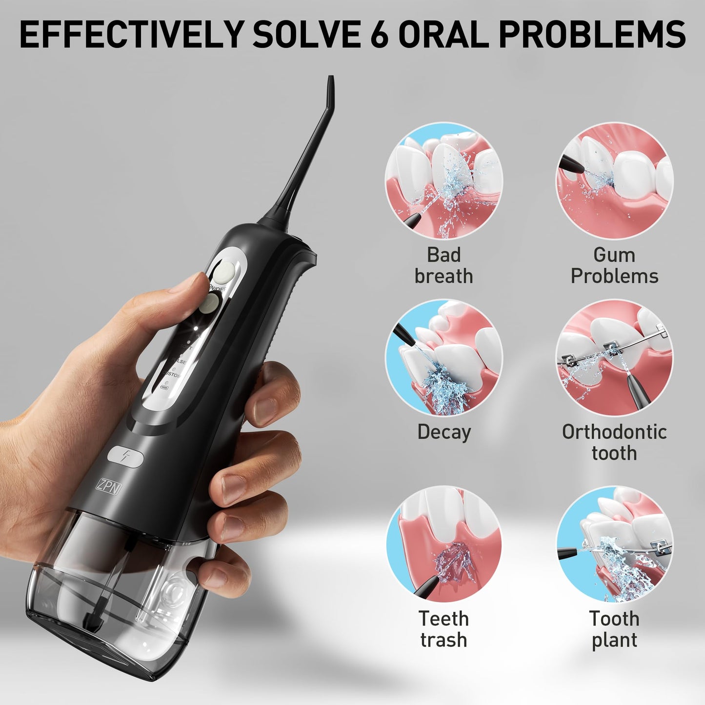 ZPN Water Dental Flosser Cordless for Teeth Cleaning，with 4 Modes Oral Irrigator, 5 Replaceable Jet Tips, Portable and Rechargeable IPX7 Waterproof Teeth Cleaner for Home and Travel (Black)