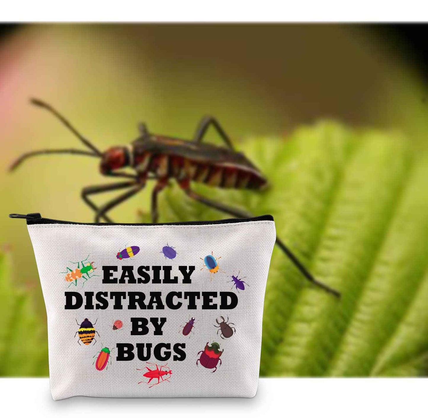 G2TUP Bug Lover Cosmetic Bag - Insect Collector Gift - Easily Distracted By Bugs White Travel Bag With Zipper