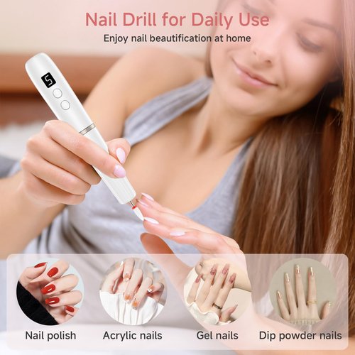 Professional Electric Nail Filer Drill Kit：Rechargeable Electric Nail Drill Set，Cordless Nail File Electric Sander for Acrylic Nail Files and Buffers with Nail Drill Bits Sanding Bands (White)