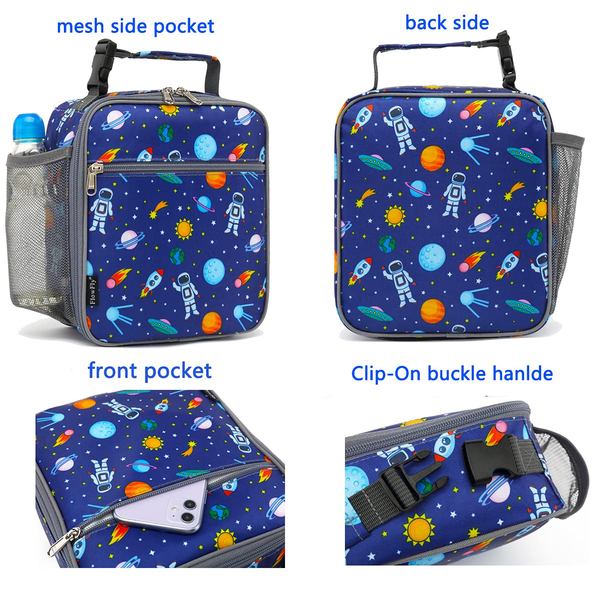 FlowFly Kids Lunch box Insulated Soft Bag Mini Cooler Back to School Thermal Meal Tote Kit for Girls, Boys, Astronaut