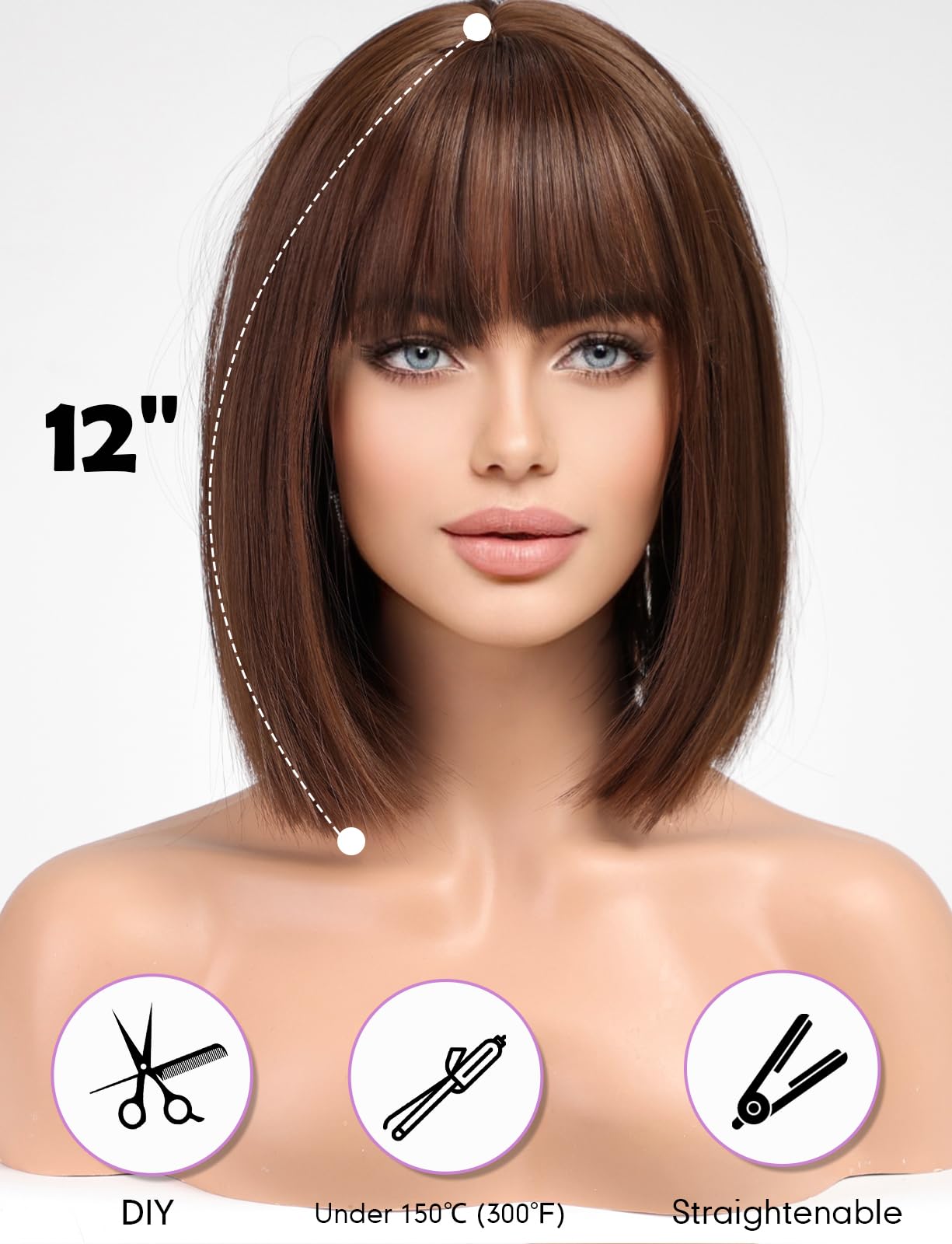 Getshow Brown Bob Wigs for Women,Synthetic Wig with Bangs