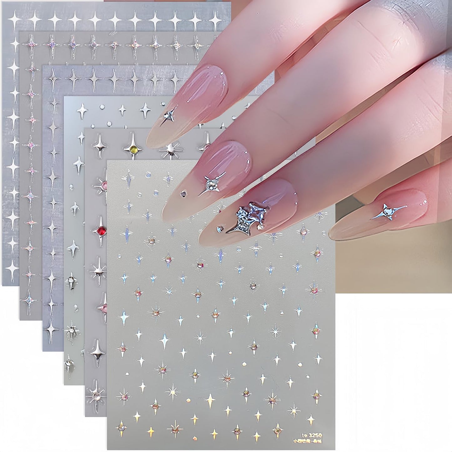 Shiny Crystal Star Nail Stickers for Nail Art, 6 Sheets Shiny White Silver Stars Nail Decals 3D Self-Adhesive Star Nail Designs Sticker Nail Tips DIY Manicure Decoration Supplies for Women and Girls