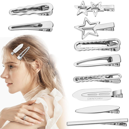 Y2k Metal Alligator Hair Clips 10Pcs Silver Barrettes Hairpins Long Thin Thick Hair No Bend Hair Clips Bulk Cute Non Slip Snap Small Hollow out Star Ponytail Holder Hair Accessories for Women Girls