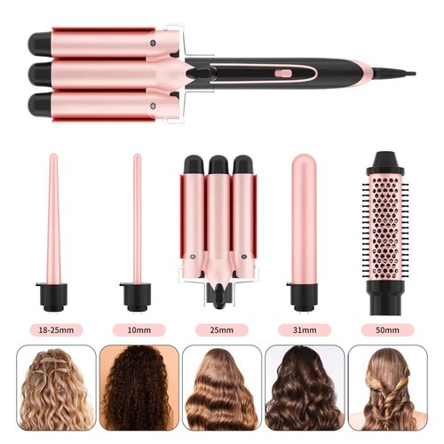5 in 1 Curling Iron Set with 3 Barrel Curling Iron and 4 Interchangeable Ceramic Fast Heat, Wand Hair Crimper, Dual Voltage Hair Waver with Protective Glove & 2 Clips (Curling（0.3“-1.5”）)