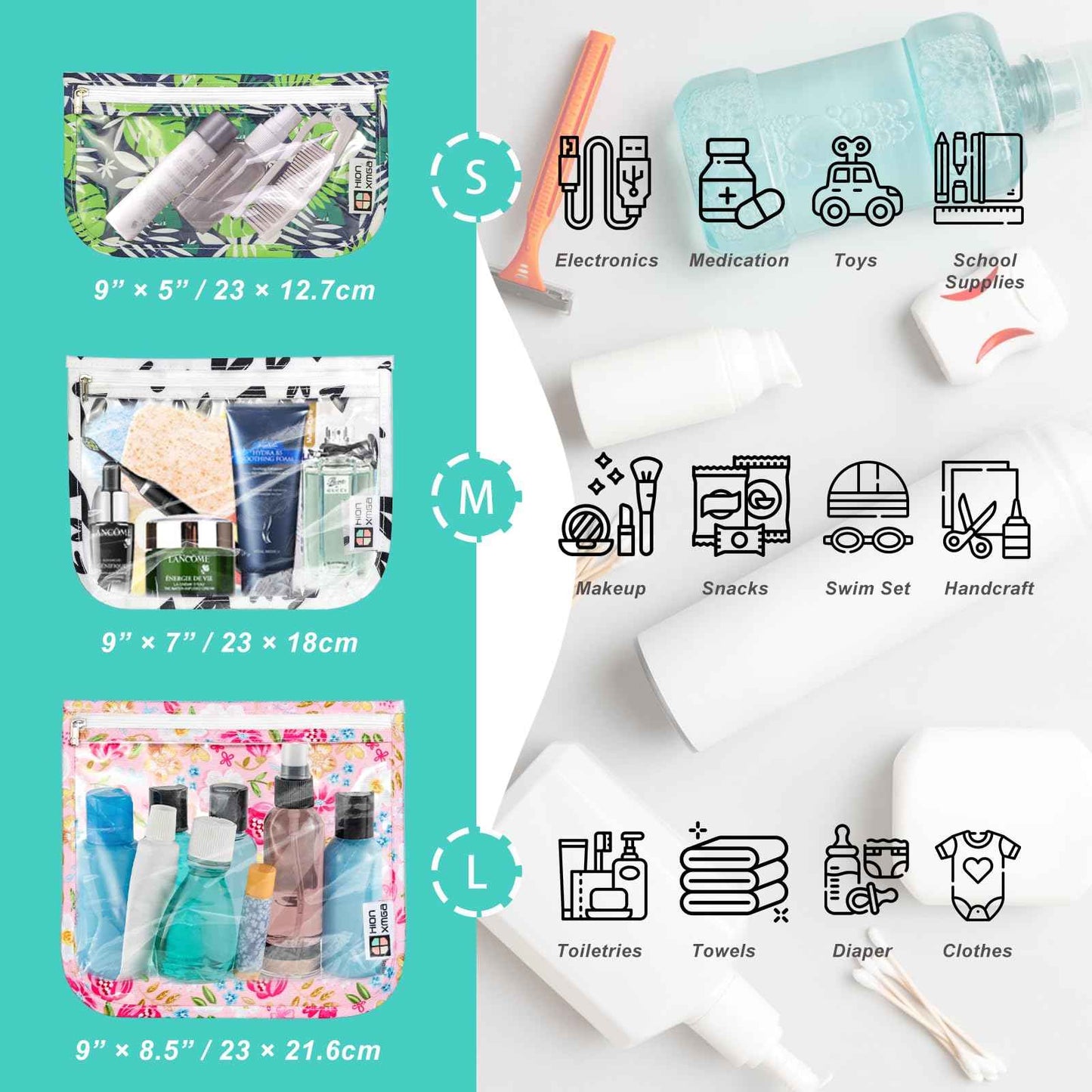 HIONXMGA TSA Approved Toiletry Bag, Set of 3 Clear Travel Toiletry Bag Quart Size Zipper Travel Pouch, Waterproof Makeup Cosmetic Bag for Women Men Kids Toiletries Carry on, Dinosaur White