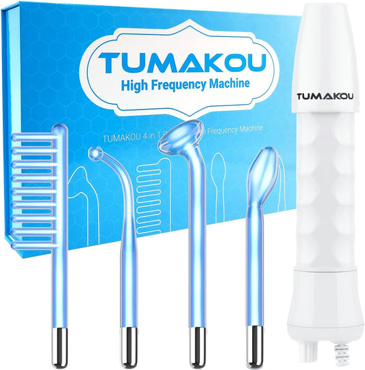 High Frequency Facial Wand - TUMAKOU Portable Handheld Blue High Frequency Facial Machine - 4 Different Blue Glass Tubes for Skin