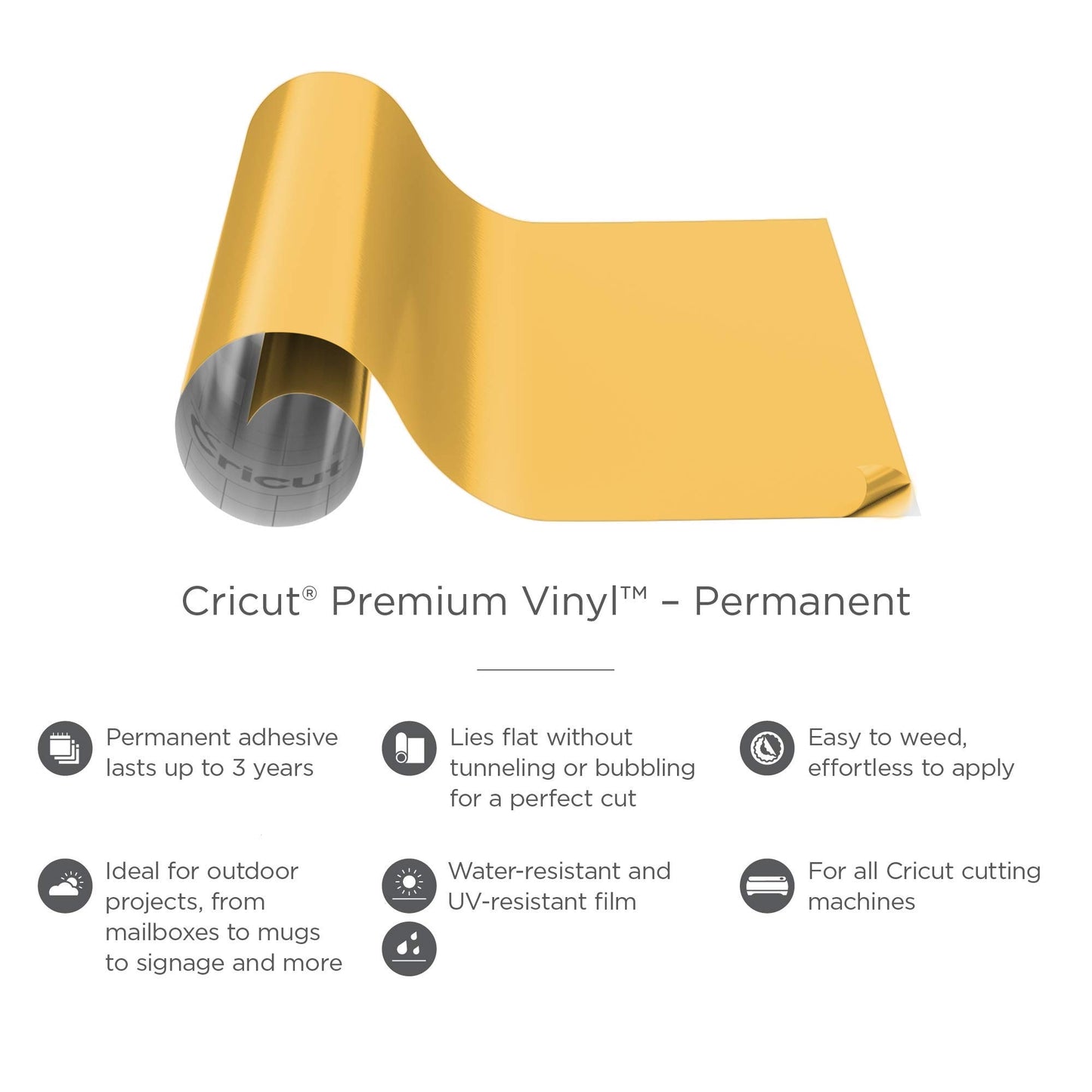 Cricut Premium Permanent Vinyl, Medium Yellow (12" x 48") - Compatible with Maker & Explore Machines, Long Lasting, UV & Water-Resistant, Indoor + Outdoor Projects