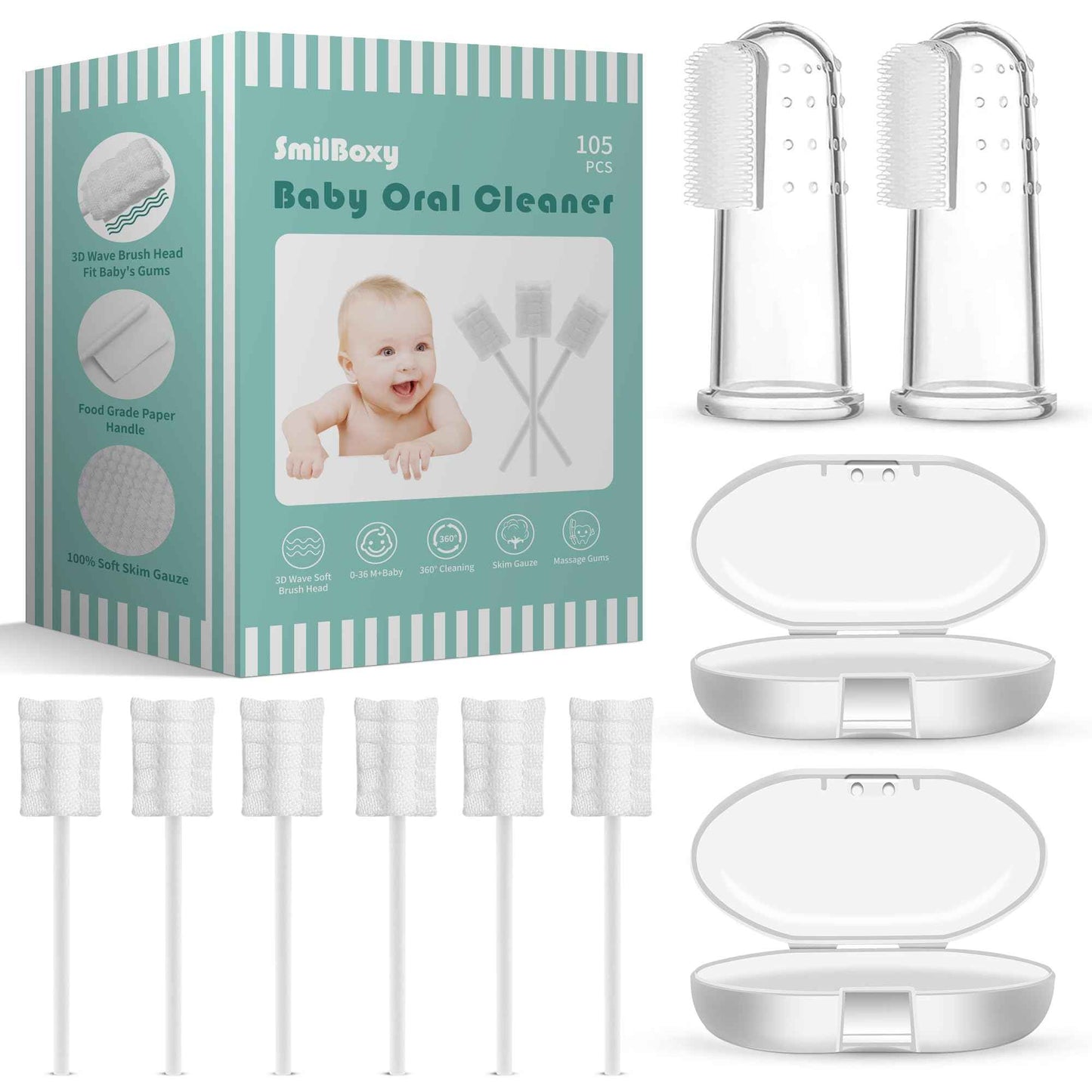 SmilBoxy 105 Pieces Baby Tongue Cleaner + 2 PCS Finger Toothbrush Soft Gauze Baby with Box Disposable Tongue Cleaner Infants Oral Mouth Cleaner Newborn Care 0-36 Month Infants