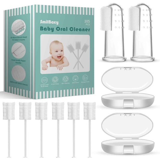SmilBoxy 105 Pieces Baby Tongue Cleaner + 2 PCS Finger Toothbrush Soft Gauze Baby with Box Disposable Tongue Cleaner Infants Oral Mouth Cleaner Newborn Care 0-36 Month Infants