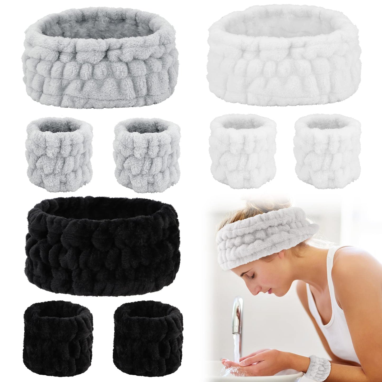 WHAVEL 9 PCS Face Wash Headband and Wristband Set, Makeup Spa Headband and Wristband Skin Care Headbands Arm Wrist Bands for Washing Face (Black, White, Gray)