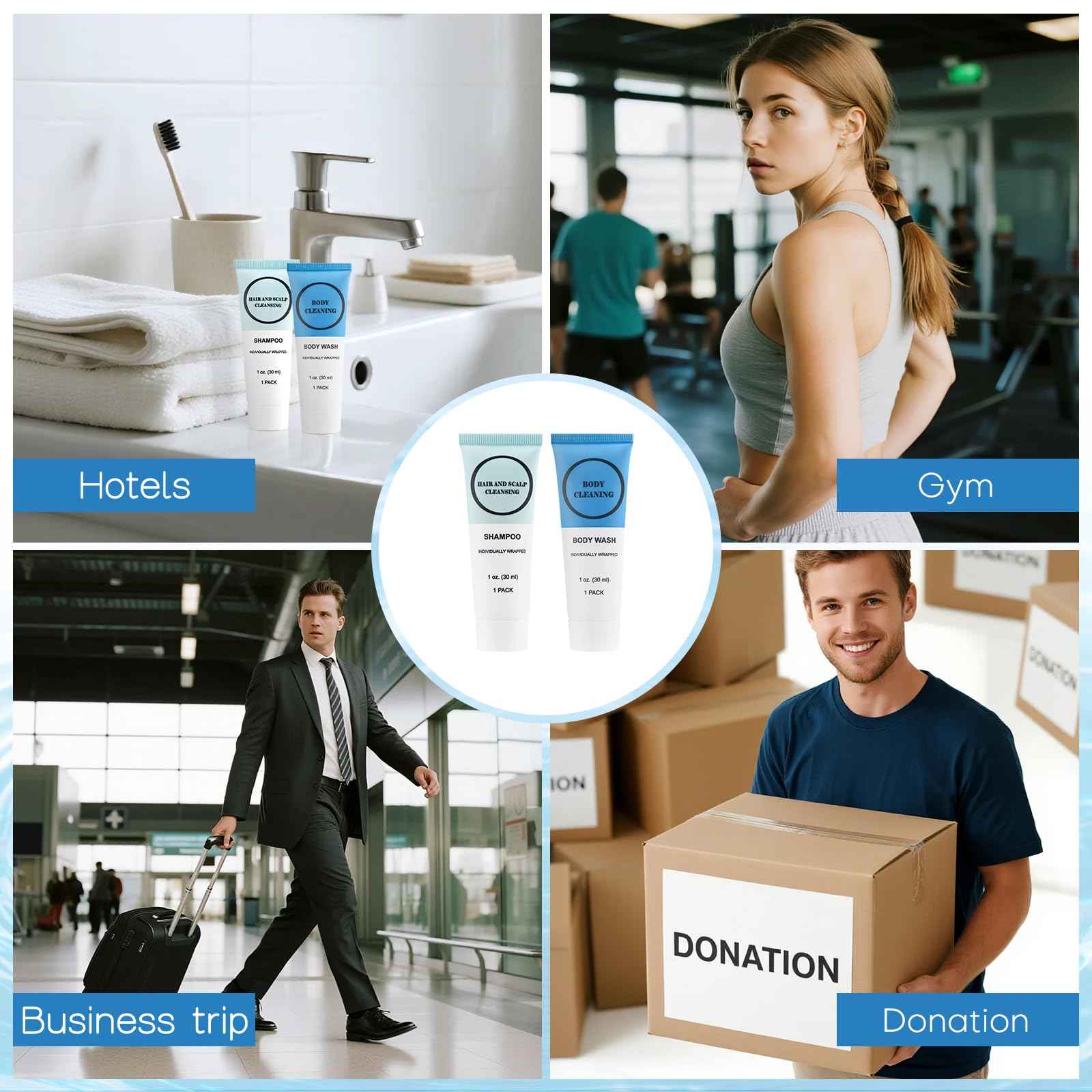 RSQAZQ Travel Size Shampoo and Body Wash Bulk, Individually Wrapped Hotel Mini Shower Gel and Small Men Women Cleansing Toiletries Amenities for Hotel/Vacation/Homeless 1 oz (3.7inch, Count, 60)