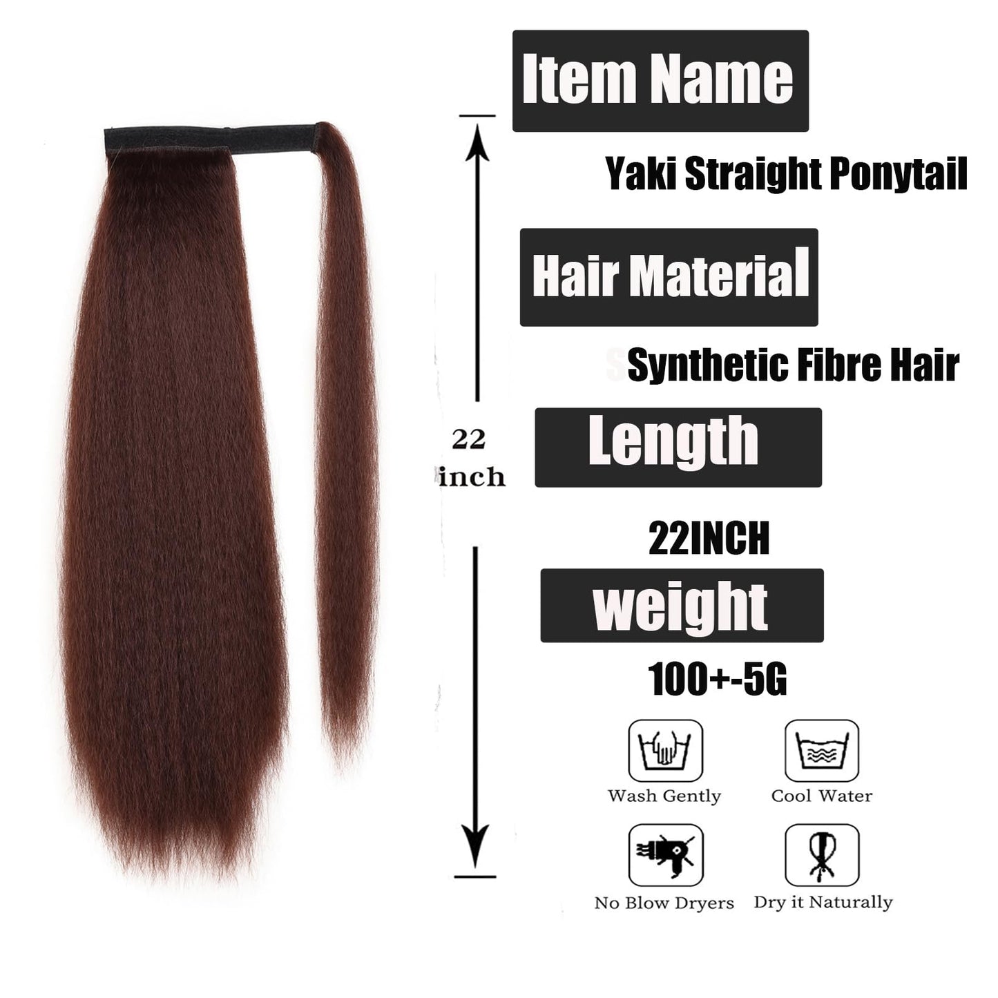 Afro Kinky Straight Ponytail Wrap Around Yaki Straight Pony Tails Extensions Clip in Ponytail Extension Magic Paste Ponytail for Black Women Girls (Black) (Auburn Brown)