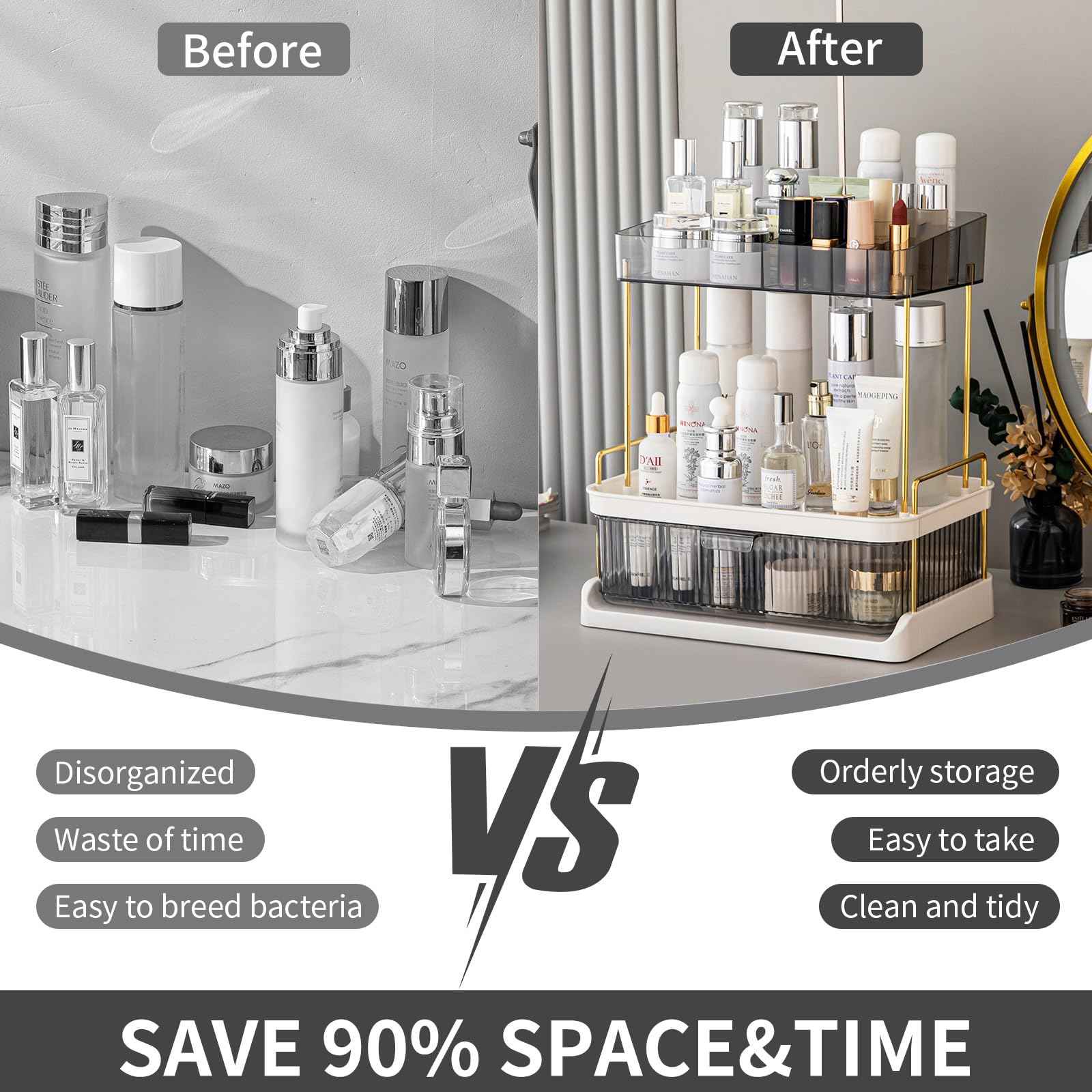 YCIA & DONE Bathroom Counter Organizer, Multi Makeup, Skincare, Perfume, Cosmetic, Vanity Countertop Organizer - Large Capacity, 2 Tier with Drawer - Easy to Install, Clean, Smoky Gray