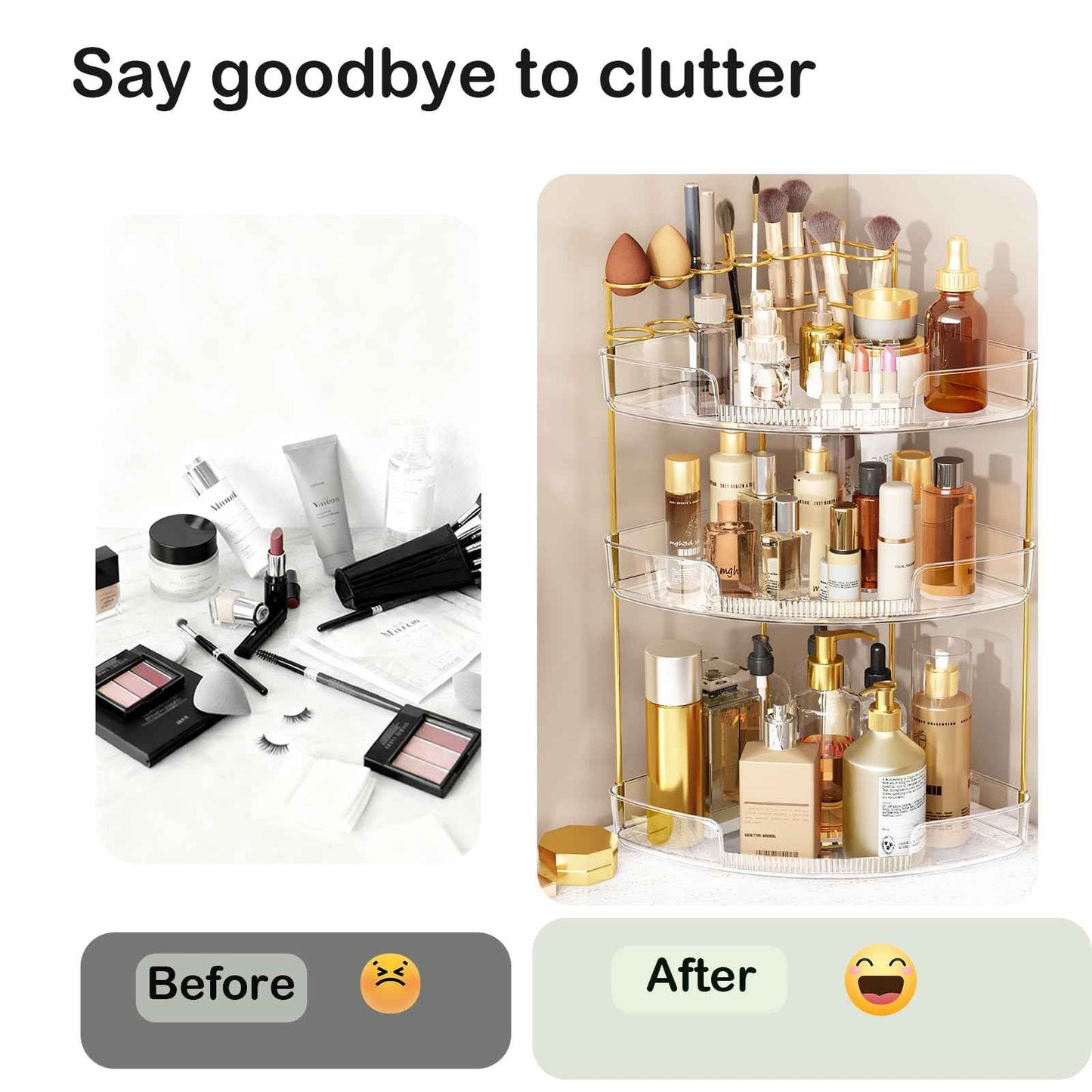 FELIZHOUSE 3-Tier Makeup Organizer for Vanity & Bathroom Countertop – Acrylic Storage Shelf with Perfume Tray & Makeup Brush Holder, Tool-Free Installation, Design for Bathroom & Dresser - Clear