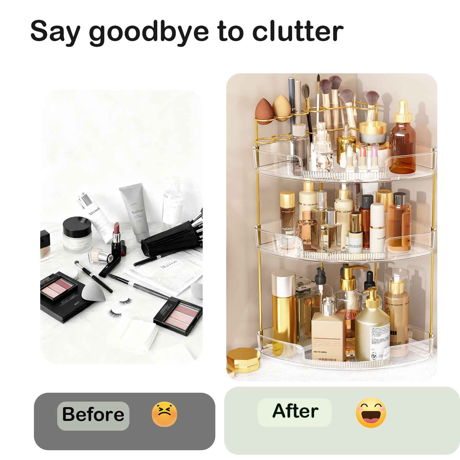 FELIZHOUSE 3-Tier Makeup Organizer for Vanity & Bathroom Countertop – Acrylic Storage Shelf with Perfume Tray & Makeup Brush Holder, Tool-Free Installation, Design for Bathroom & Dresser - Clear