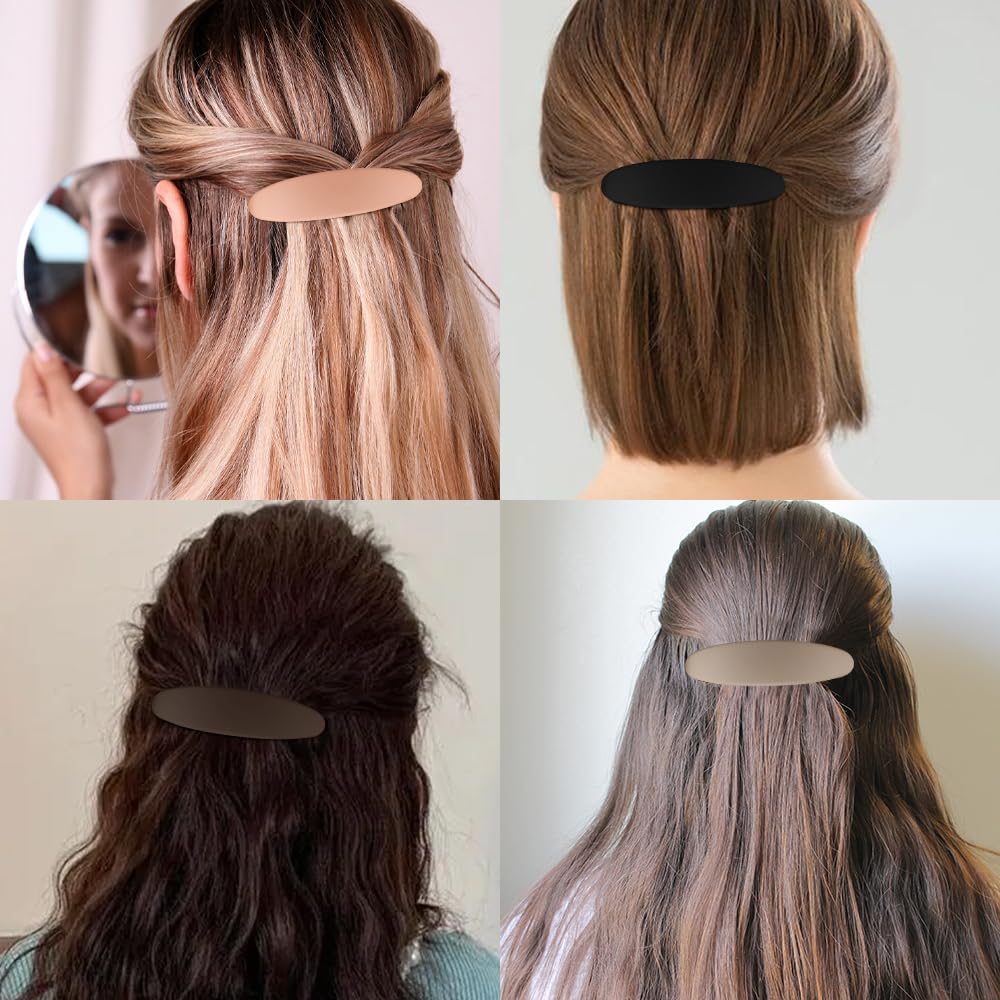 Ahoney 4Pcs Hair Barrettes: 3.3" Flat Banana Clips, Pins for Thin Hair, French Styling Accessories (Black/Khaki/Coffee/Brown)