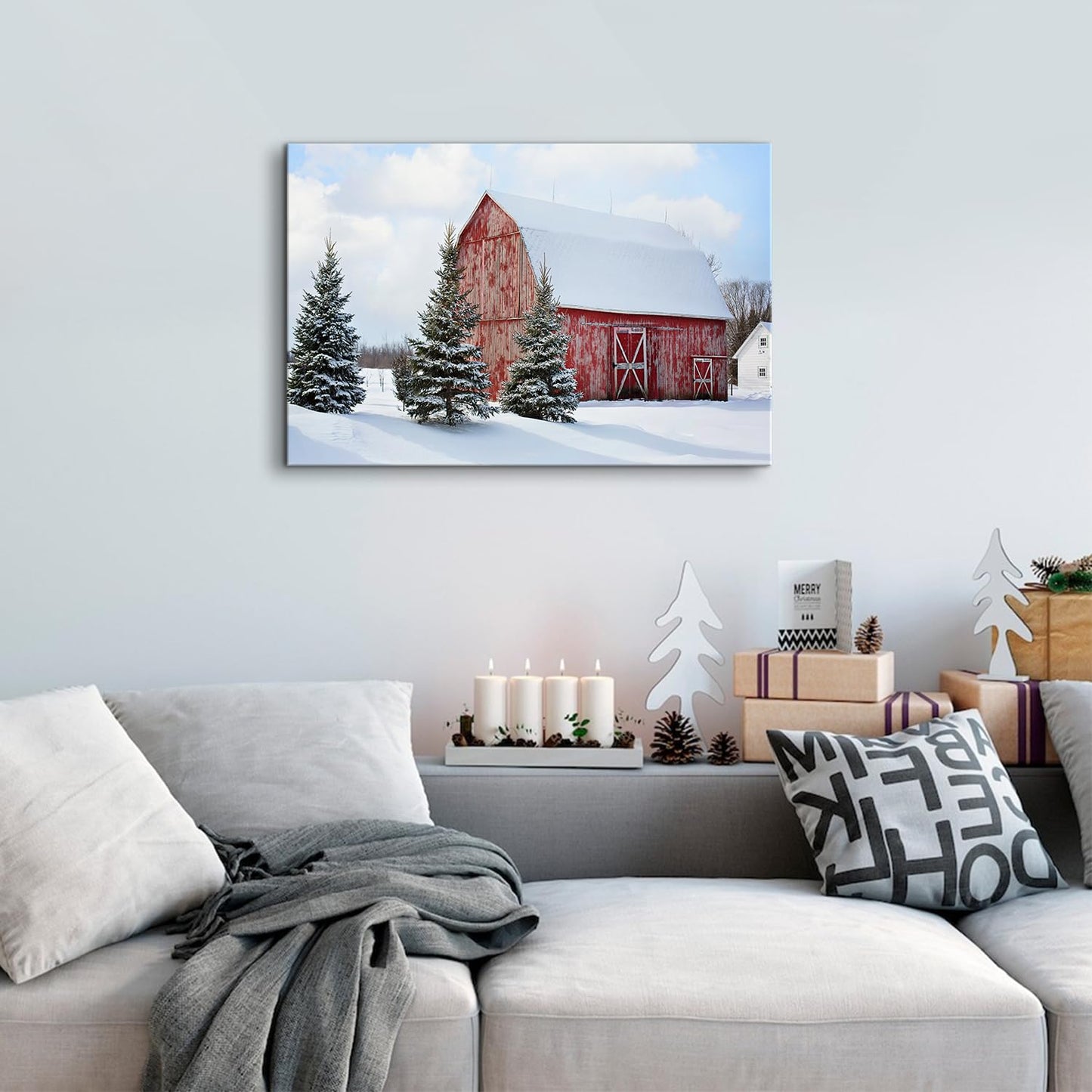 Christmas Canvas Wall Art Rustic Farmhouse Red Old Barn Landscape Pictures Wall Decor 24 x 36 Snowy Wilderness Christmas Tree Posters Framed Artwork for Home Living Room Bedroom Aesthetic Decoration