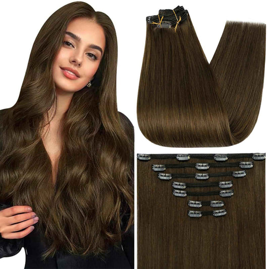 Full Shine Brown Clip in Human Hair 7 Pcs Natural Brown Clip in Extensions Real Human Hair Triple Weft Clip in Hair Extensions Brazilian Remy Hair for Short 12 Inch 95 G