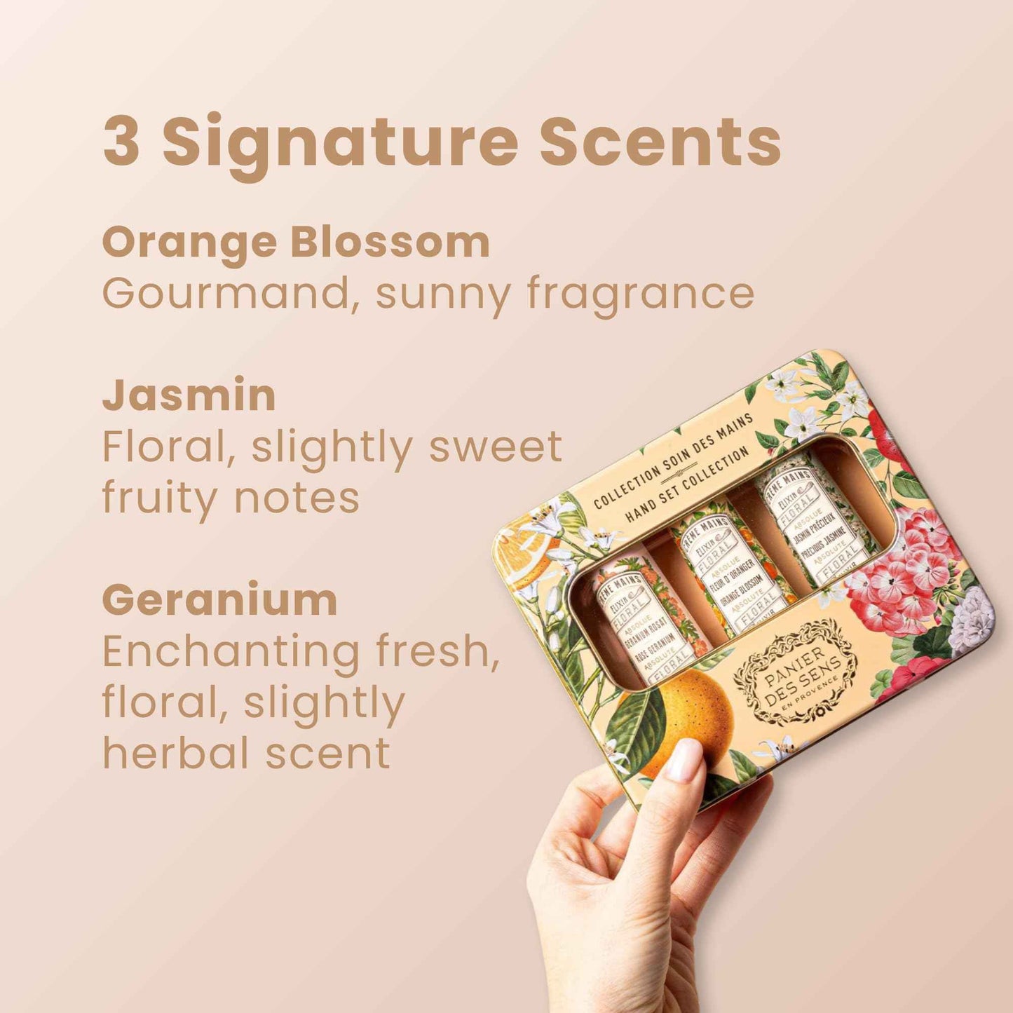 Panier des Sens - Mini Hand Cream Set - Birthday, Gifts for Women - Orange Blossom, Jasmine, Geranium Natural Hand Cream - Gift Ideas Made in France - 96% Natural - Hand Lotion Travel Size 3x1 Floz